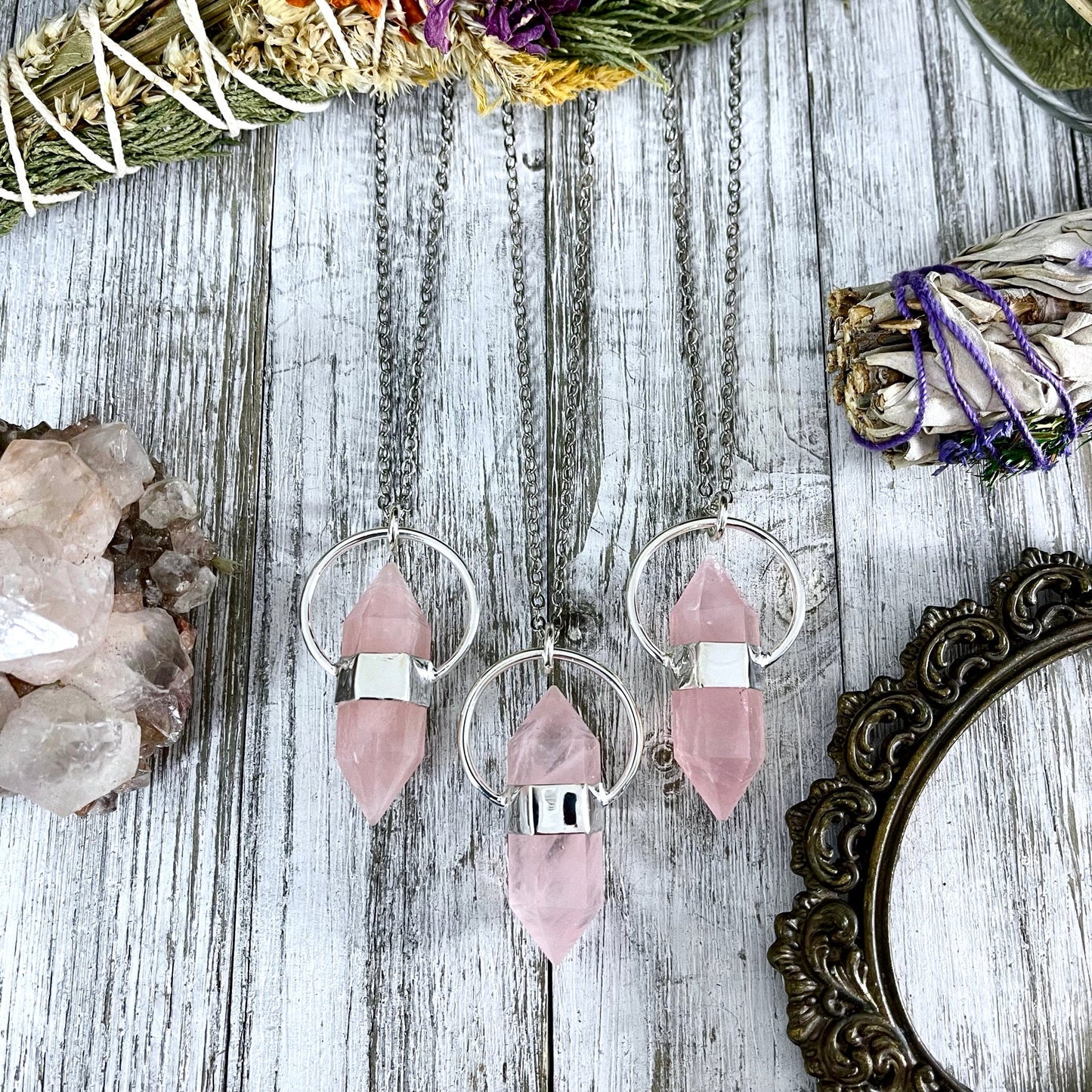 Rose Quartz Crystal Point Necklace in Sterling Silver -Designed by FOXLARK Collection / Witchy Necklace Goth Jewelry.
