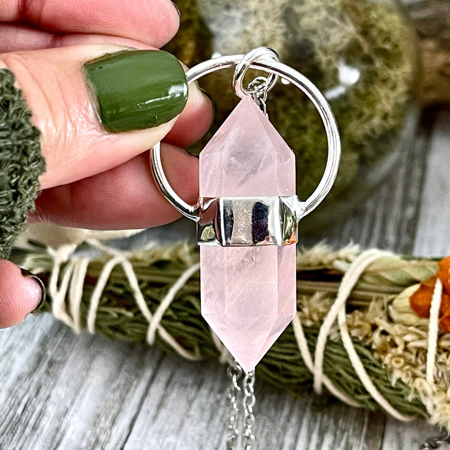 Rose Quartz Crystal Point Necklace in Sterling Silver -Designed by FOXLARK Collection / Witchy Necklace Goth Jewelry.