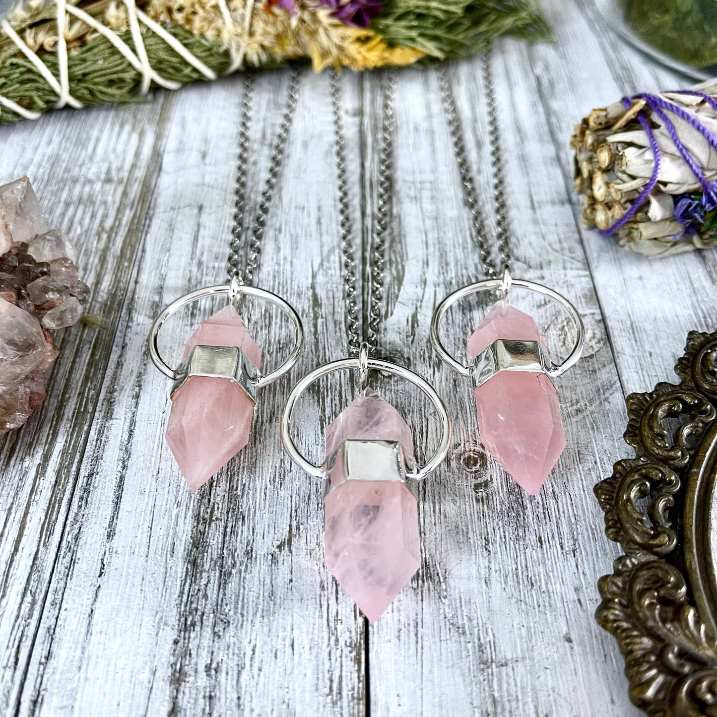 Rose Quartz Crystal Point Necklace in Sterling Silver -Designed by FOXLARK Collection / Witchy Necklace Goth Jewelry.
