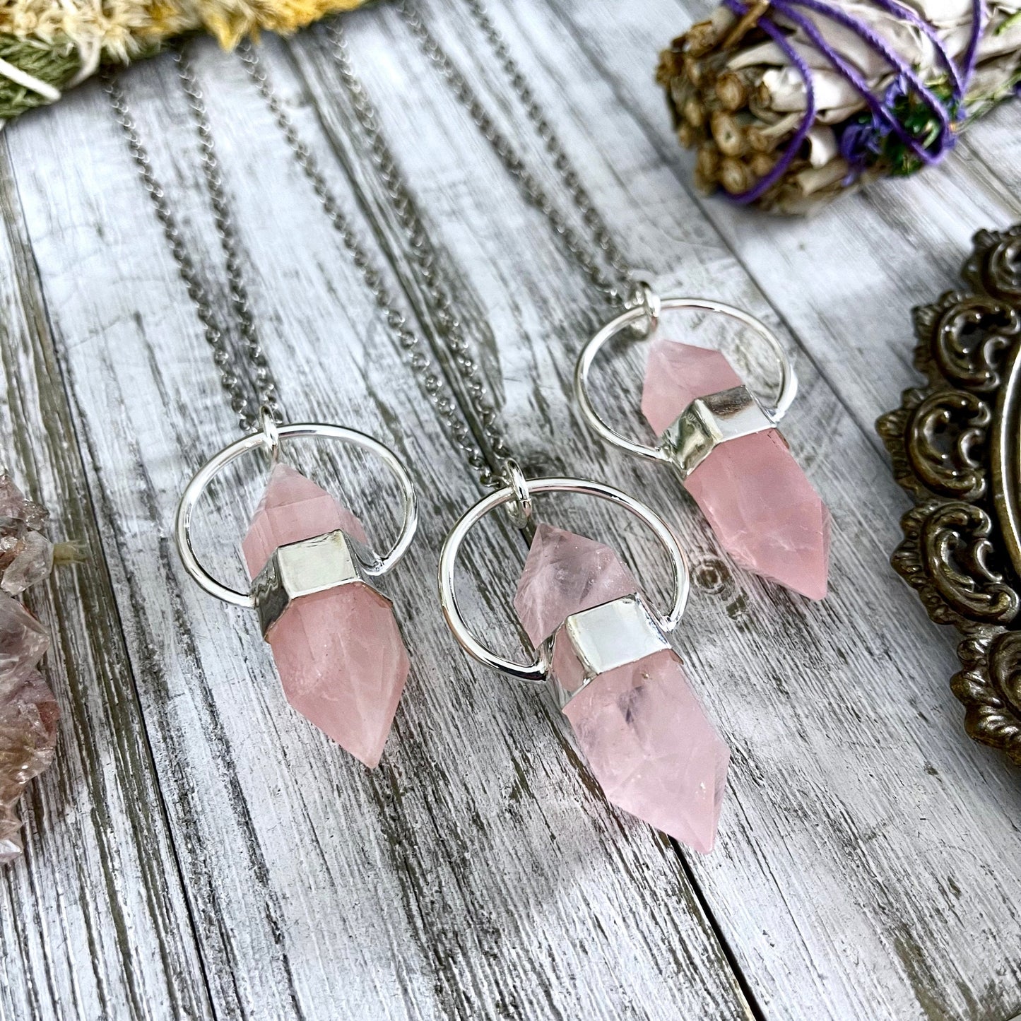 Rose Quartz Crystal Point Necklace in Sterling Silver -Designed by FOXLARK Collection / Witchy Necklace Goth Jewelry.