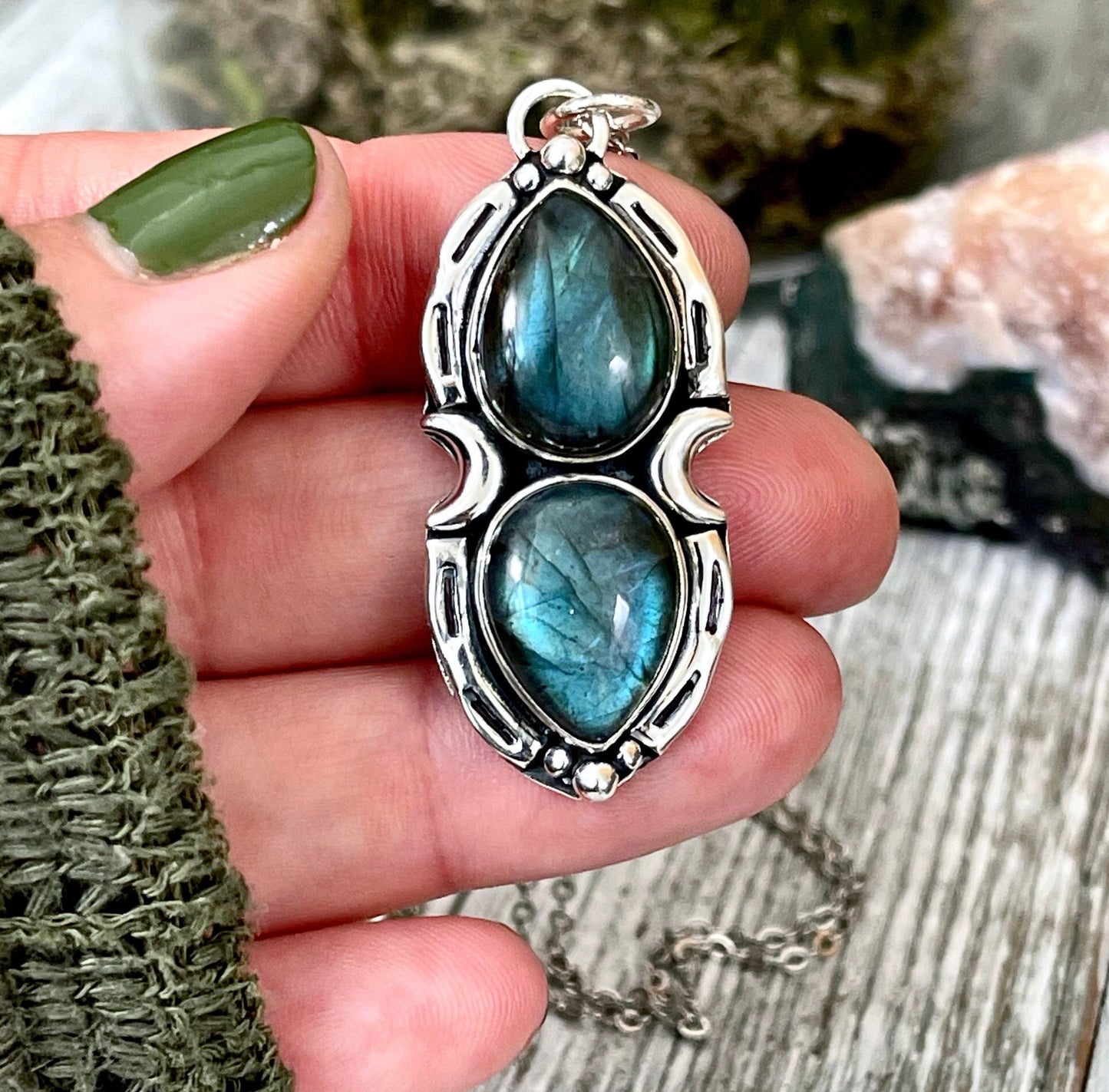 Mystic Moon Labradorite Crystal Statement Necklace in Sterling Silver / Designed by FOXLARK Collection.