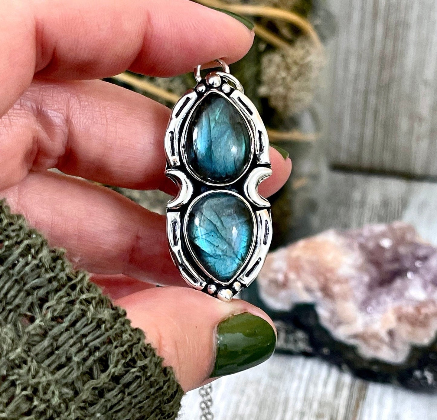 Mystic Moon Labradorite Crystal Statement Necklace in Sterling Silver / Designed by FOXLARK Collection.