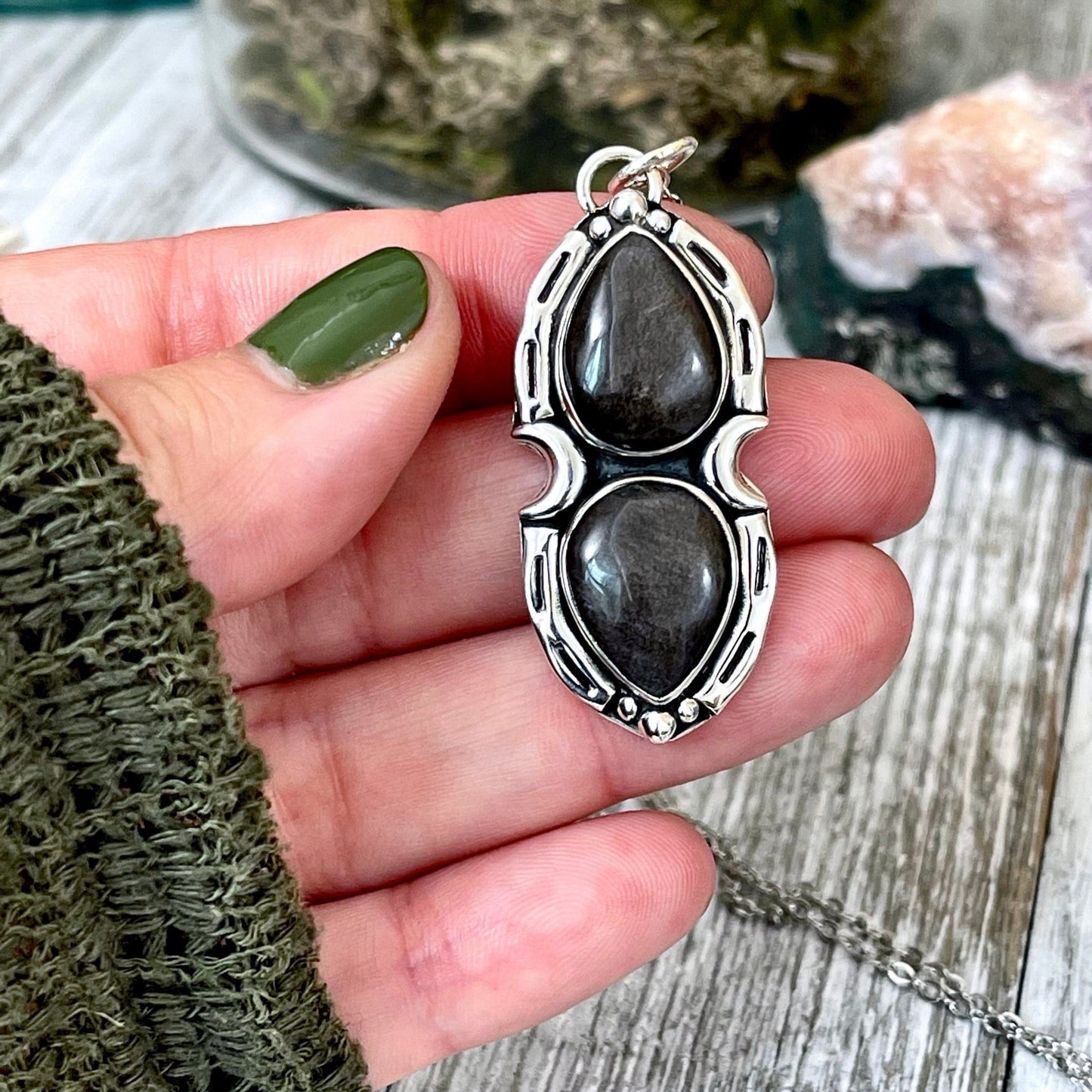 Silver Sheen Obsidian Mystic Moon Crystal Statement Necklace in Sterling Silver / Designed by FOXLARK Collection.