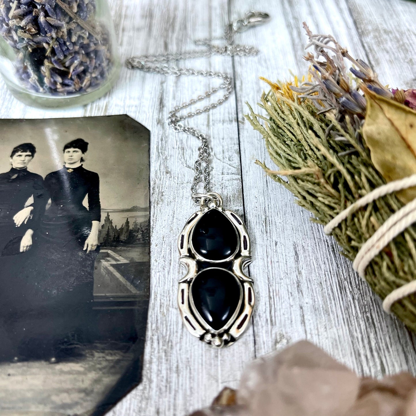 Black Onyx Mystic Moon Crystal Statement Necklace in Sterling Silver / Designed by FOXLARK Collection.