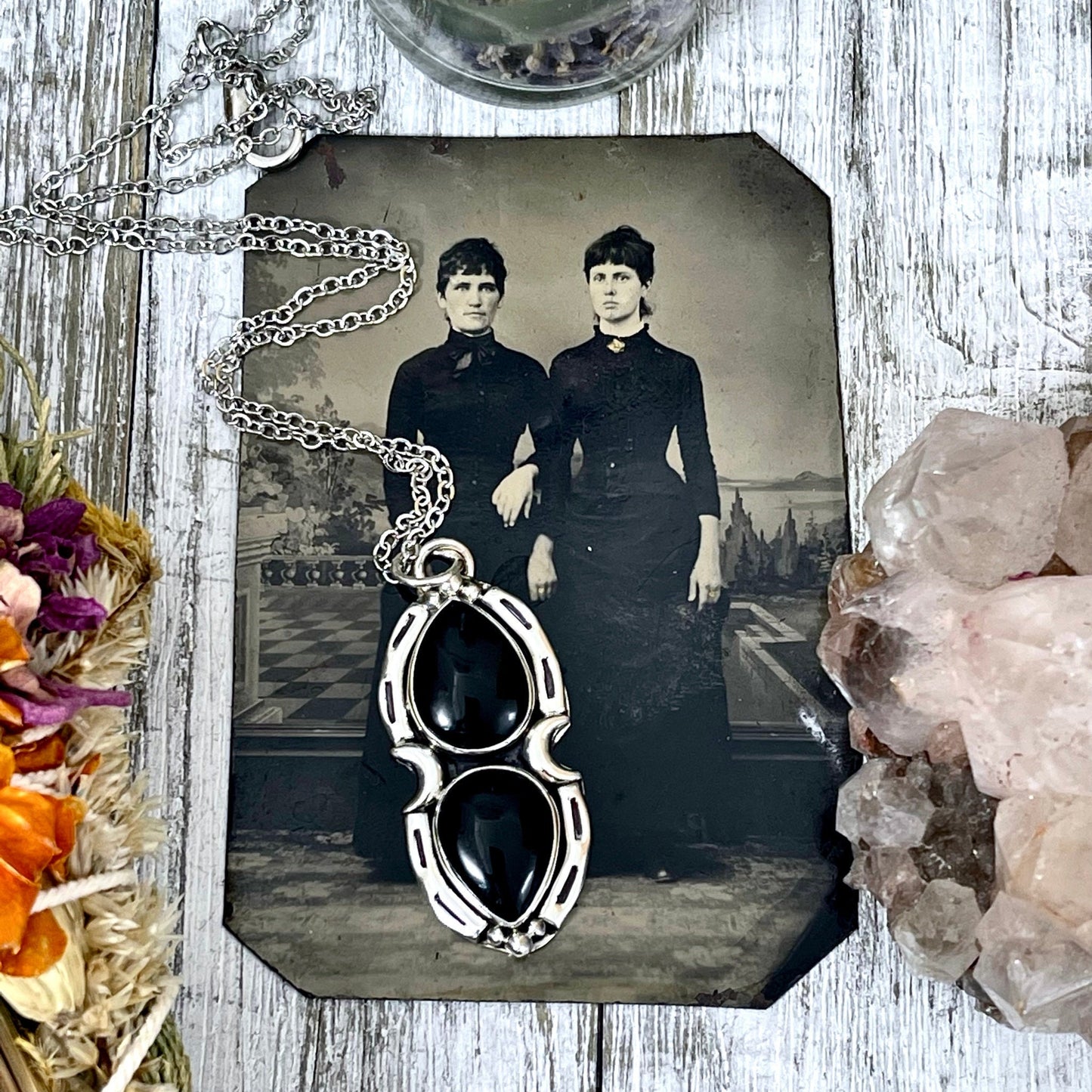 Black Onyx Mystic Moon Crystal Statement Necklace in Sterling Silver / Designed by FOXLARK Collection.