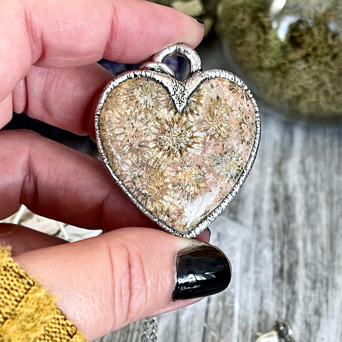 Big Fossilized Coral Heart Necklace in Fine Silver / Foxlark Collection - One of a Kind.