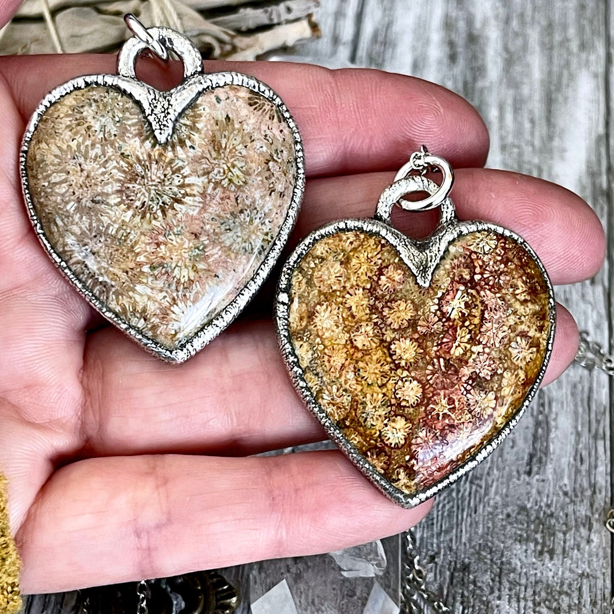 Big Fossilized Coral Heart Necklace in Fine Silver / Foxlark Collection - One of a Kind.