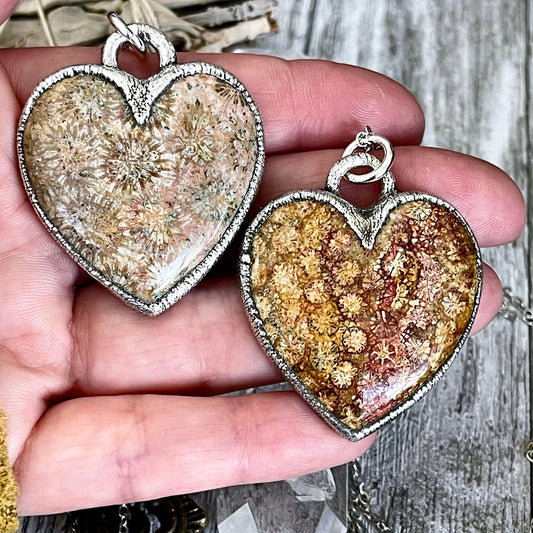 Big Fossilized Coral Heart Necklace in Fine Silver  / Foxlark Collection - One of a Kind.