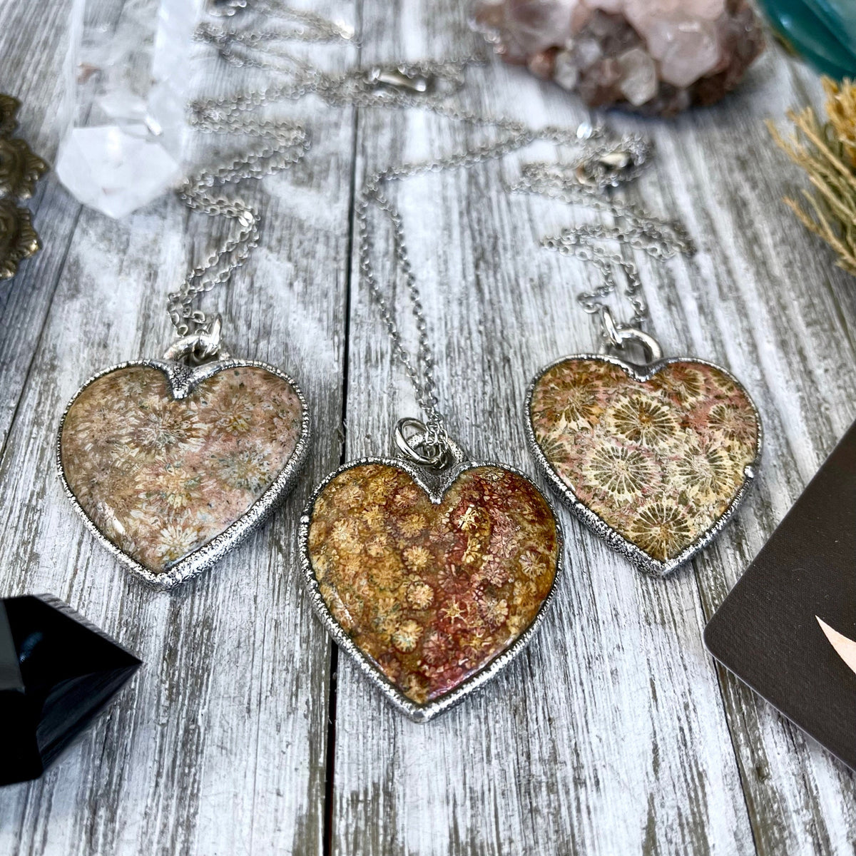 Big Fossilized Coral Heart Necklace in Fine Silver / Foxlark Collection - One of a Kind.