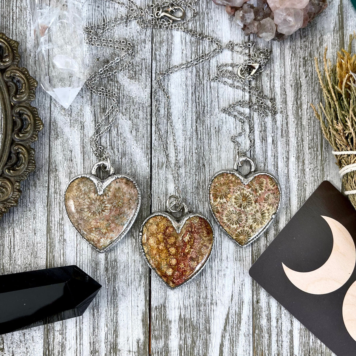 Big Fossilized Coral Heart Necklace in Fine Silver / Foxlark Collection - One of a Kind.