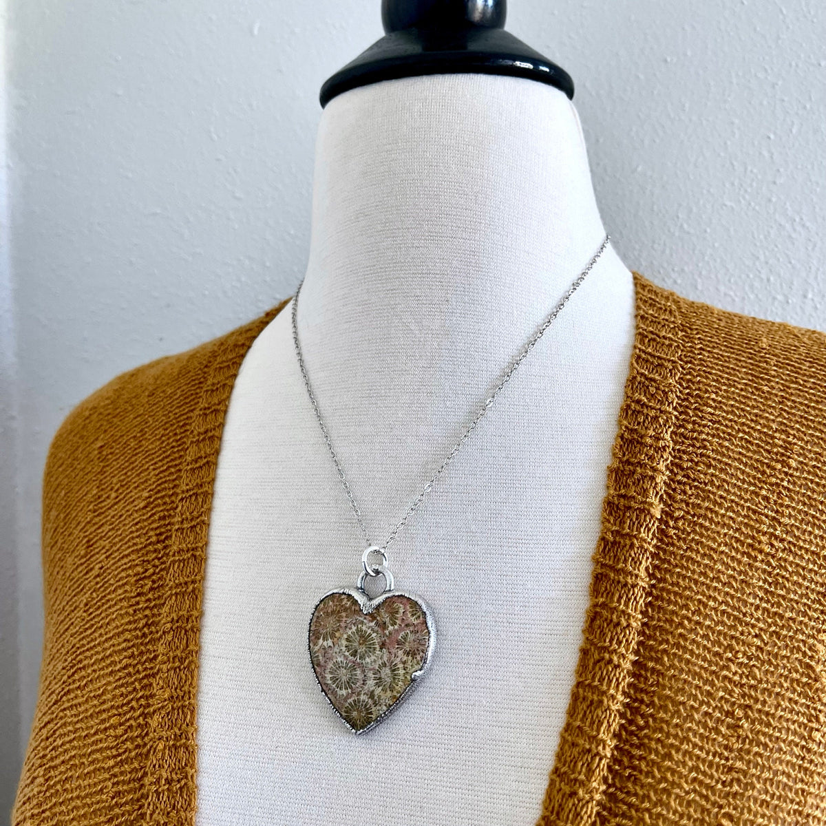 Big Fossilized Coral Heart Necklace in Fine Silver / Foxlark Collection - One of a Kind.