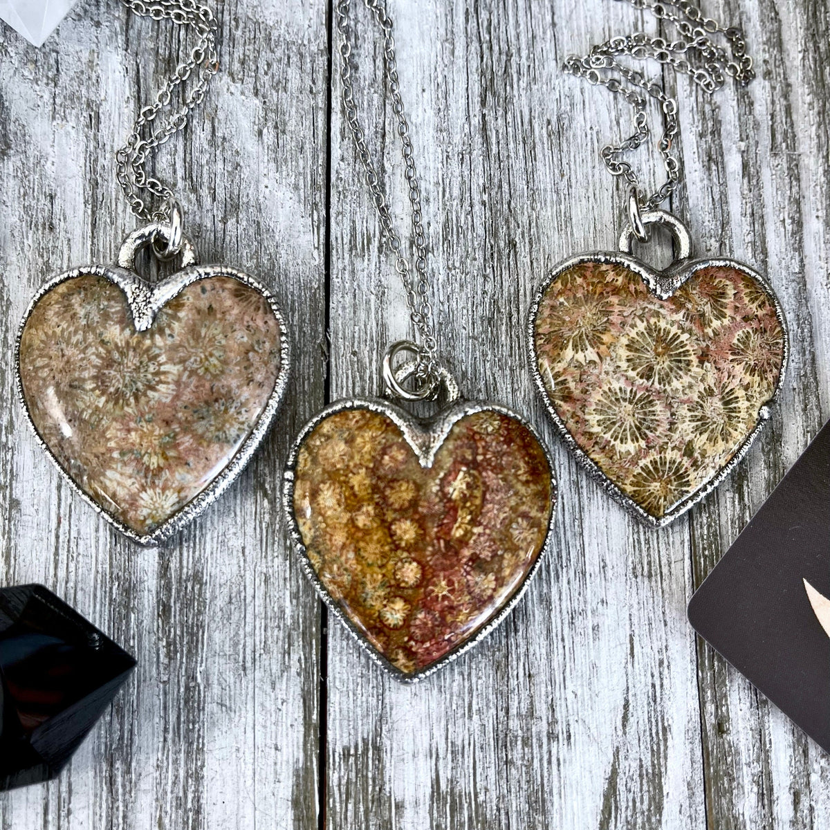 Big Fossilized Coral Heart Necklace in Fine Silver / Foxlark Collection - One of a Kind.