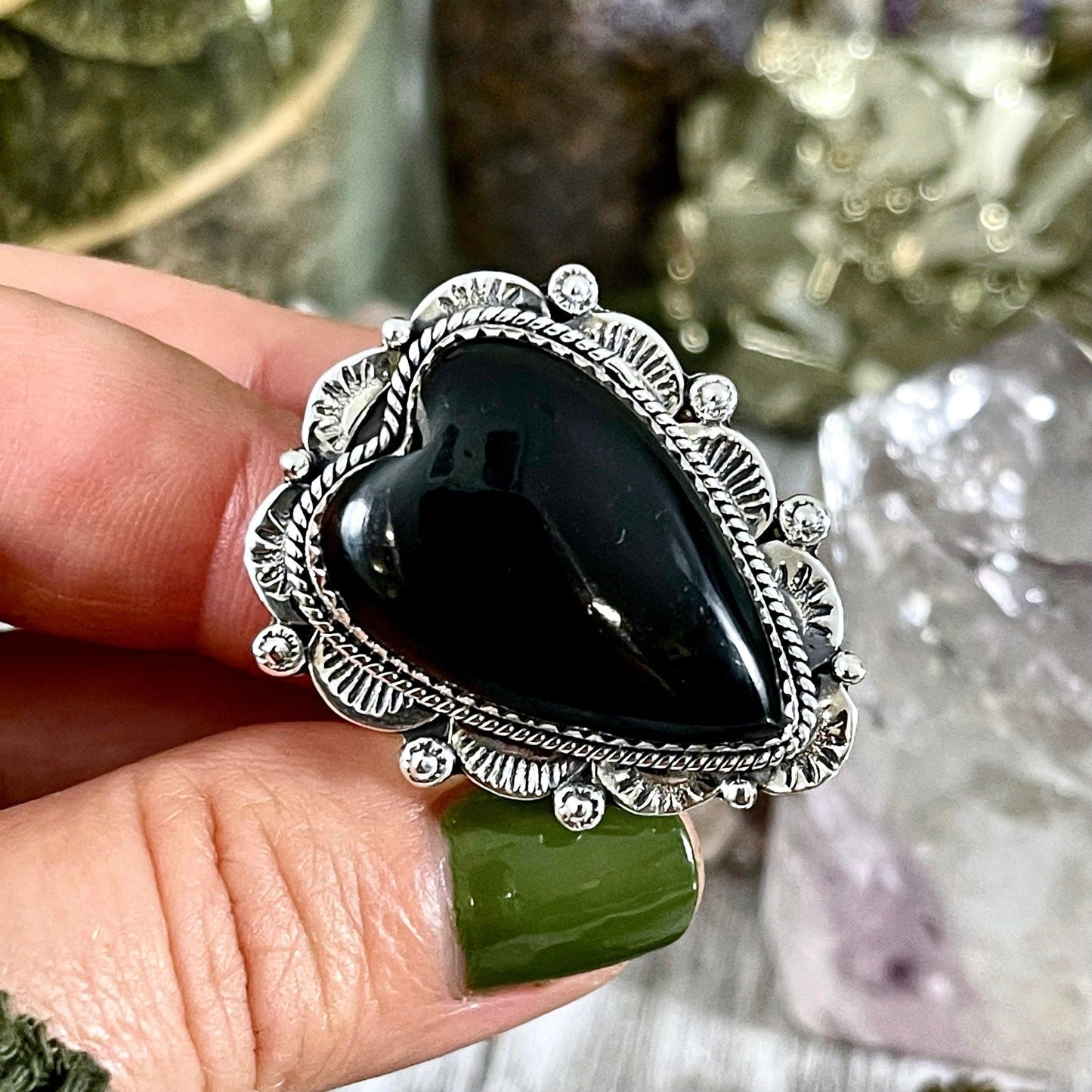 Black Onyx Heart Crystal Statement Ring in Sterling Silver- Designed by FOXLARK Collection Adjusts to size 6,7,8,9, or 10 / Gothic Jewelry.