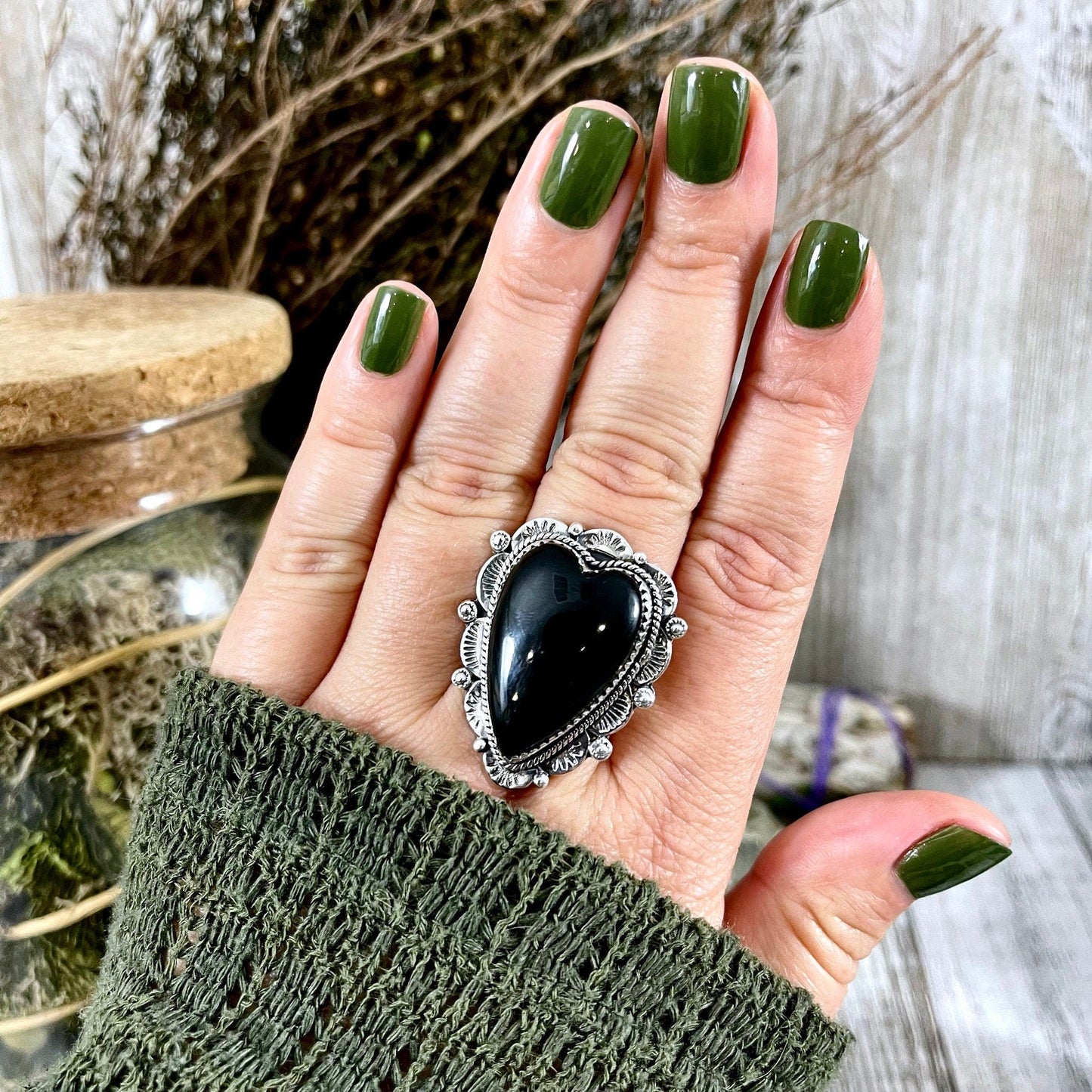 Black Onyx Heart Crystal Statement Ring in Sterling Silver- Designed by FOXLARK Collection Adjusts to size 6,7,8,9, or 10 / Gothic Jewelry.