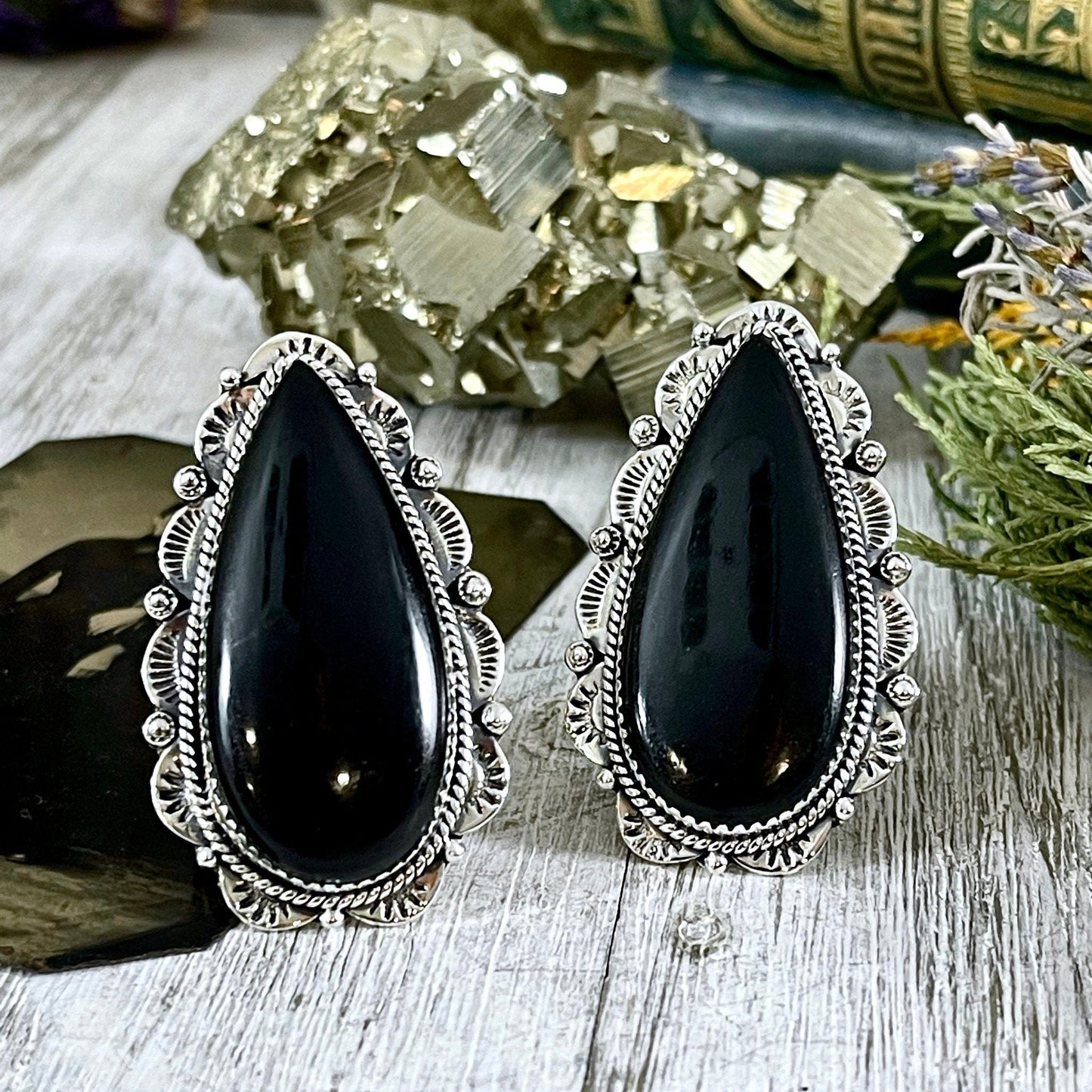 Black Onyx Teardrop Crystal Statement Ring in Sterling Silver- Designed by FOXLARK Collection Adjusts to size 6,7,8,9, or 10.