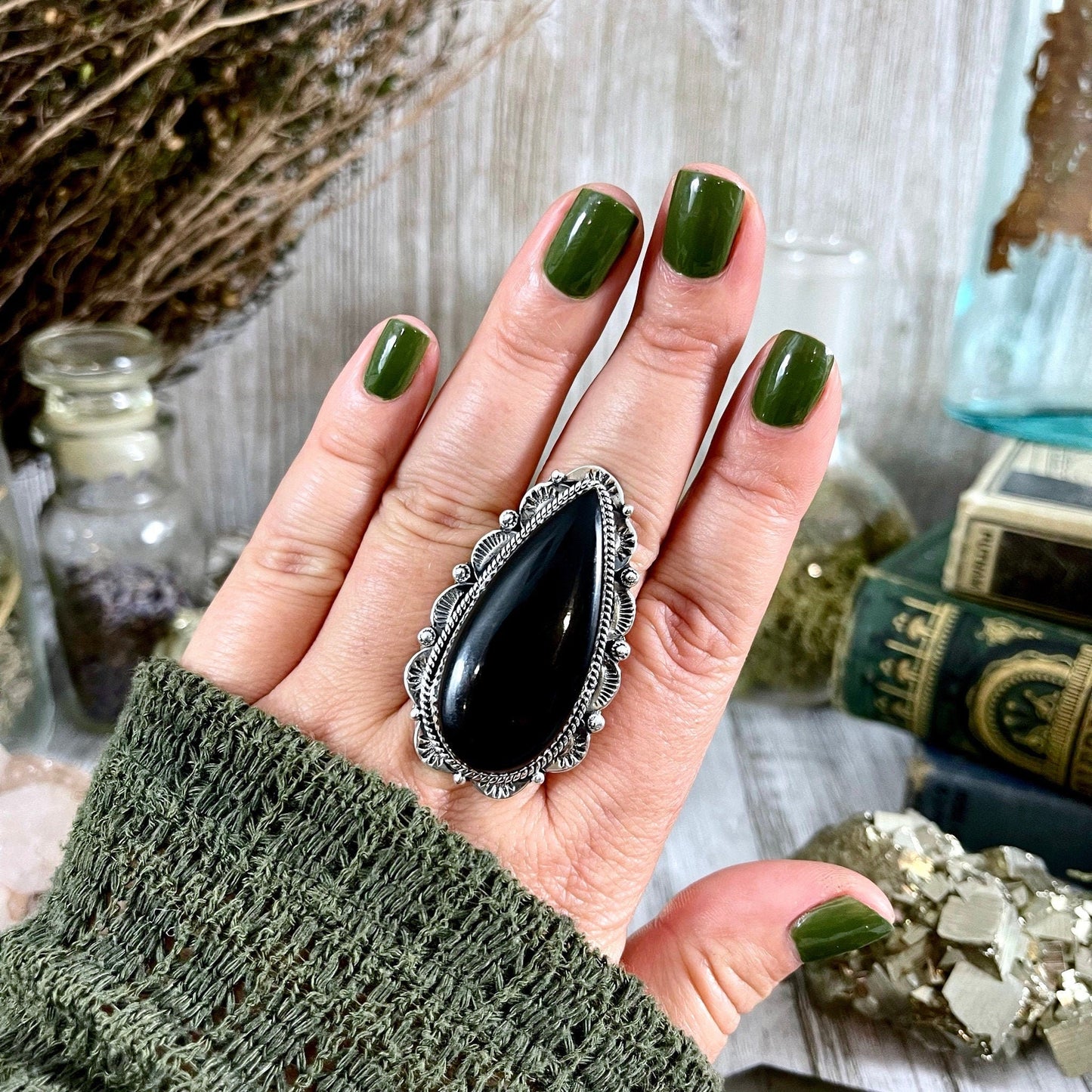 Black Onyx Teardrop Crystal Statement Ring in Sterling Silver- Designed by FOXLARK Collection Adjusts to size 6,7,8,9, or 10.
