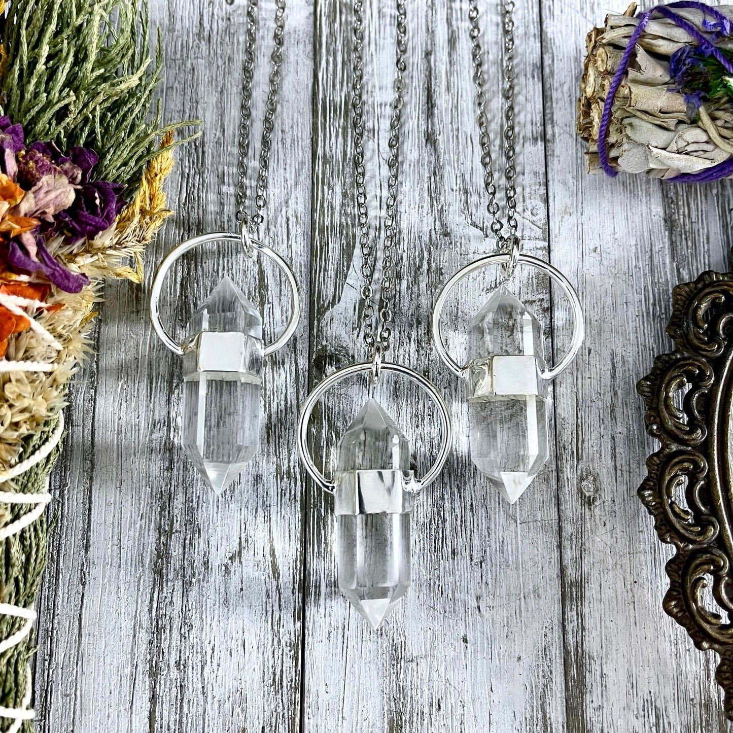 Clear Quartz Crystal Point Necklace in Sterling Silver -Designed by FOXLARK Collection.