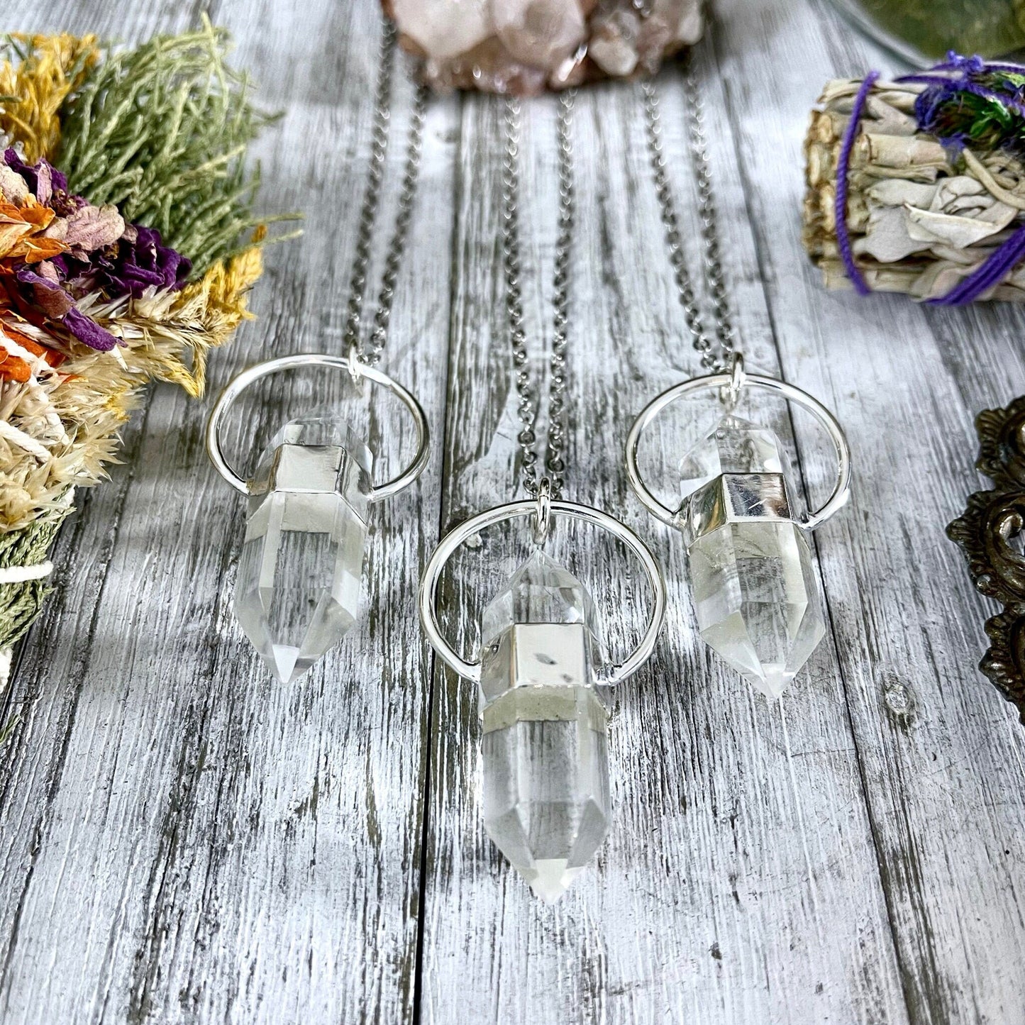 Clear Quartz Crystal Point Necklace in Sterling Silver -Designed by FOXLARK Collection.