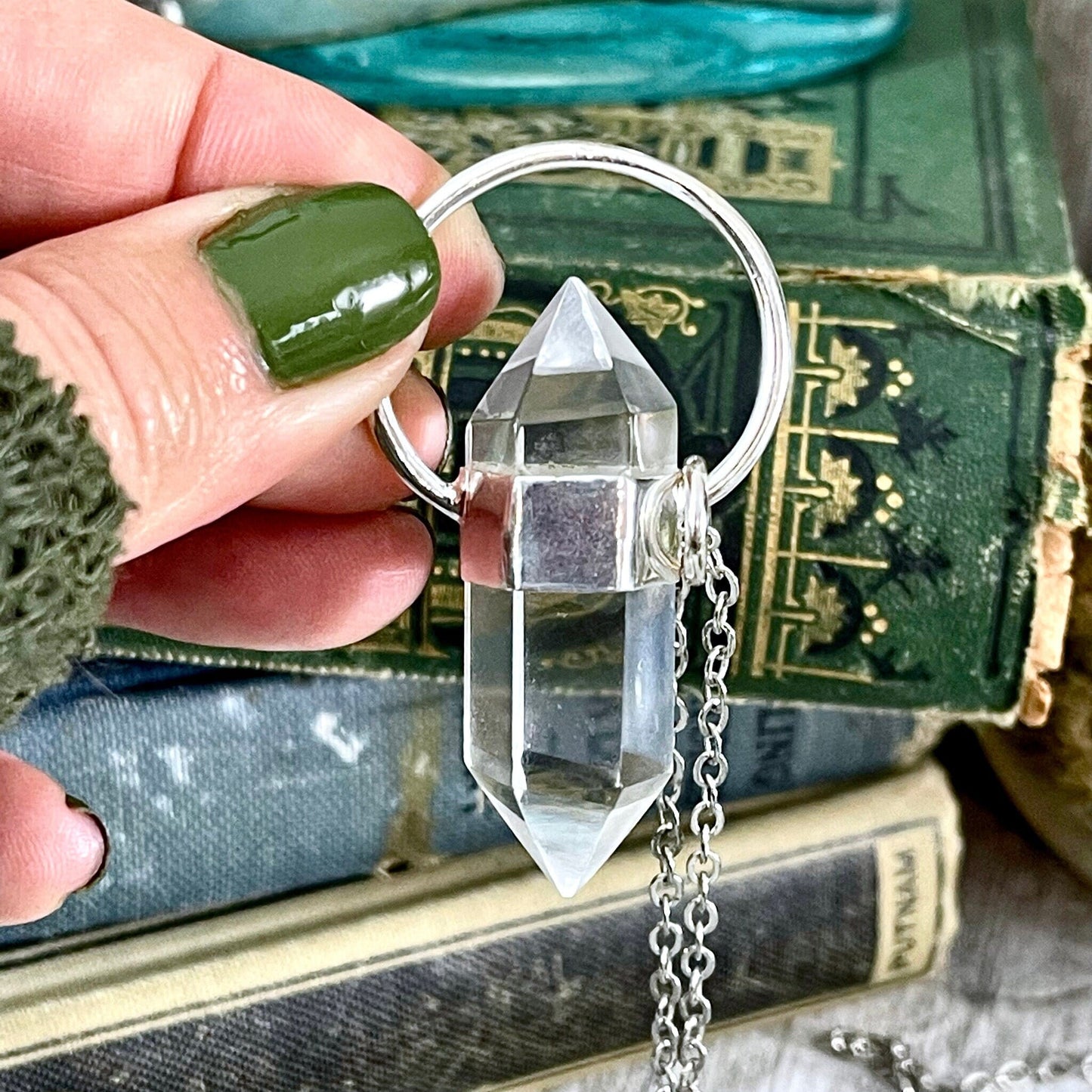 Clear Quartz Crystal Point Necklace in Sterling Silver -Designed by FOXLARK Collection.