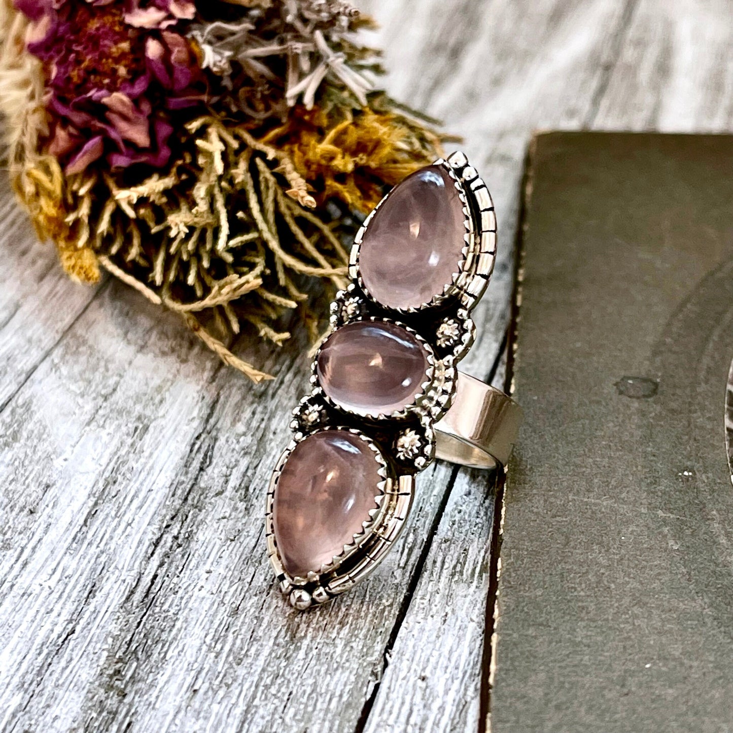 Three Stone Pink Rose Quartz Crystal Ring in Solid Sterling Silver- Designed by FOXLARK Collection Adjustable to Size 6 7 8 9.