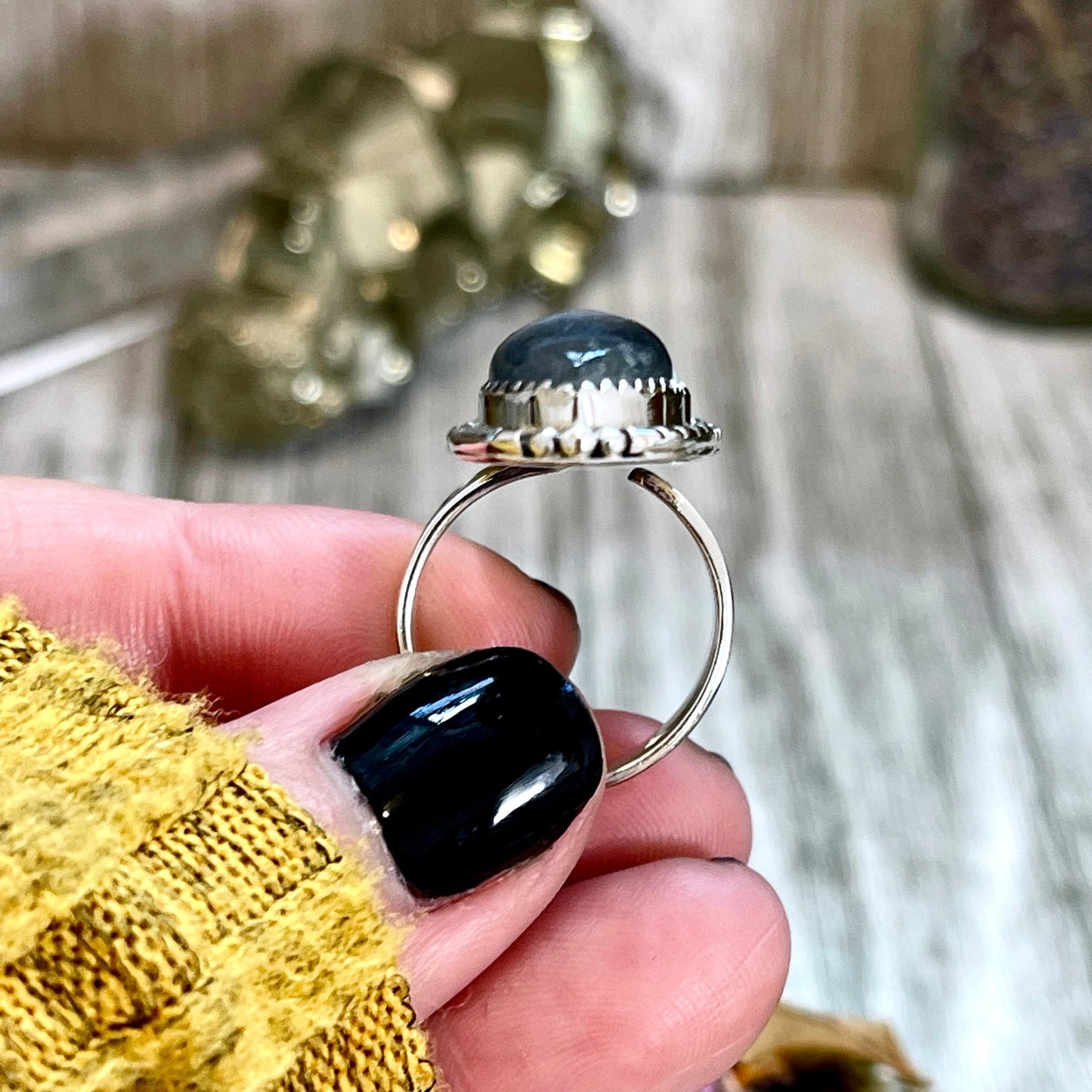 Three Stone Labradorite and Rainbow Moonstone Crystal Ring in Sterling Silver- Designed by FOXLARK Collection Adjustable to Size 6 7 8 9.
