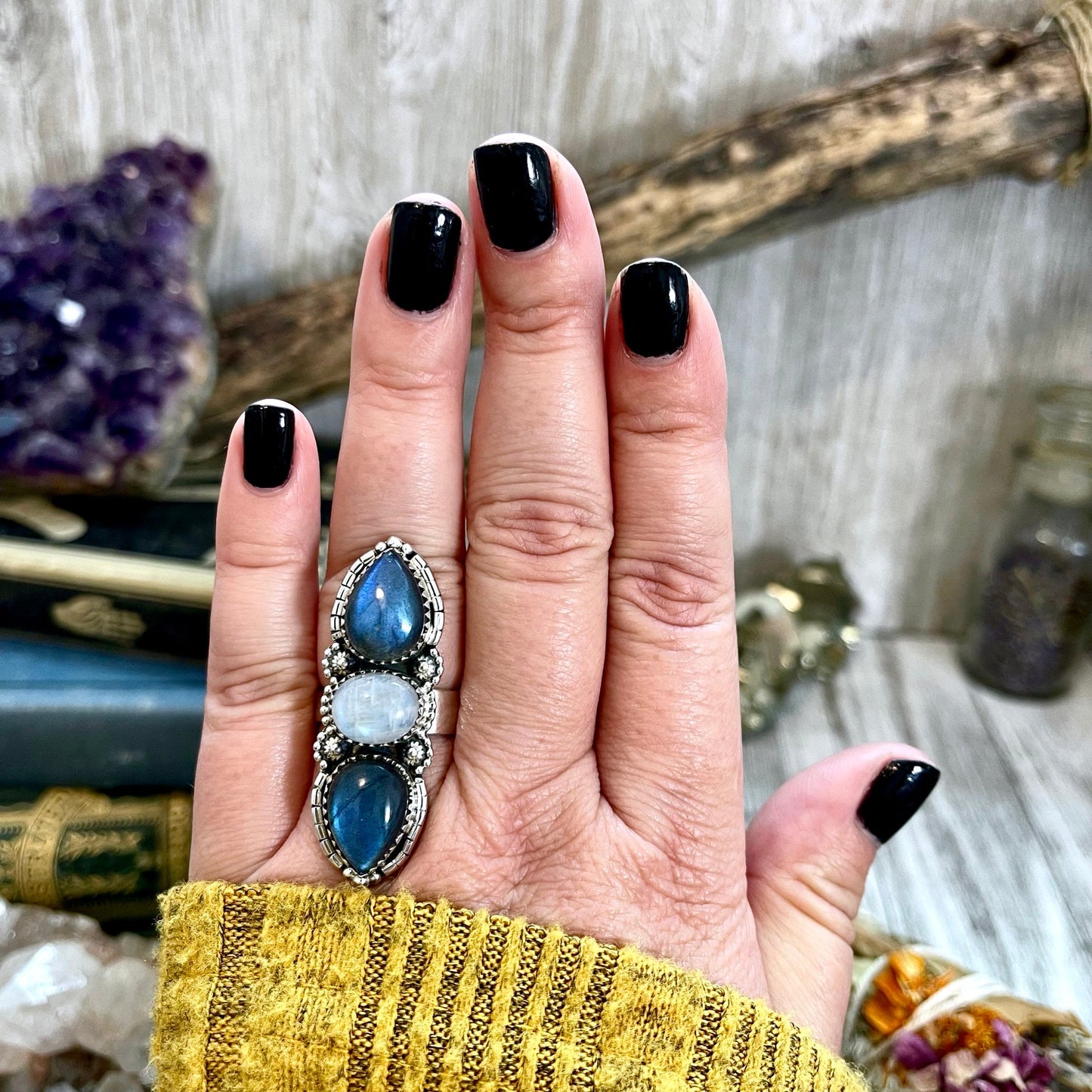 Three Stone Labradorite and Rainbow Moonstone Crystal Ring in Sterling Silver- Designed by FOXLARK Collection Adjustable to Size 6 7 8 9.