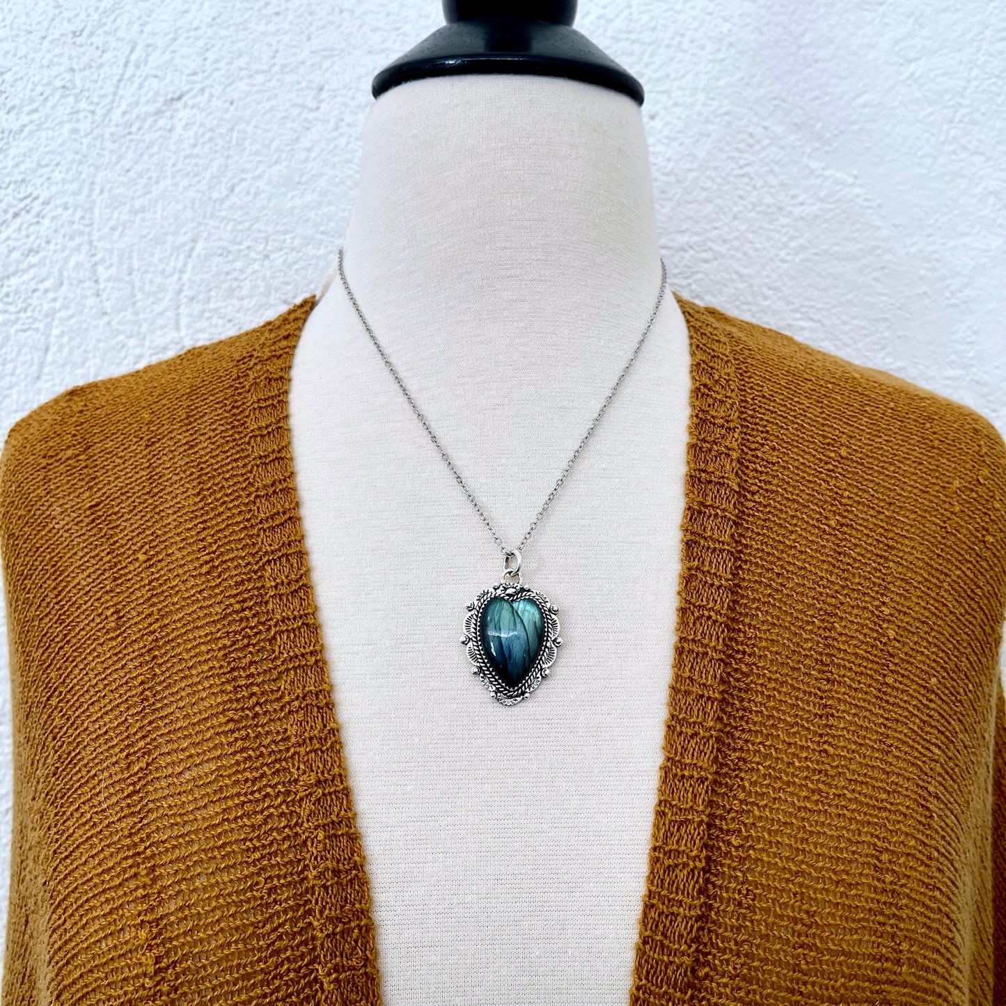 Blue Labradorite Crystal Heart Necklace in Sterling Silver -Designed by FOXLARK Collection.