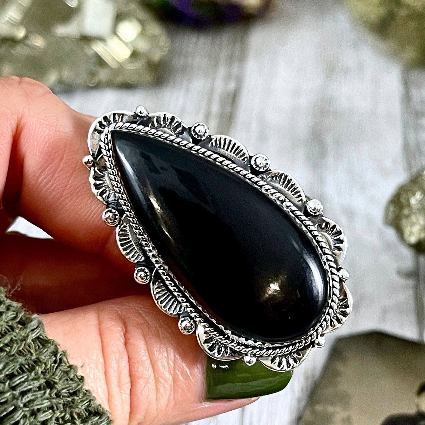 Black Onyx Teardrop Crystal Statement Ring in Sterling Silver- Designed by FOXLARK Collection Adjusts to size 6,7,8,9, or 10.