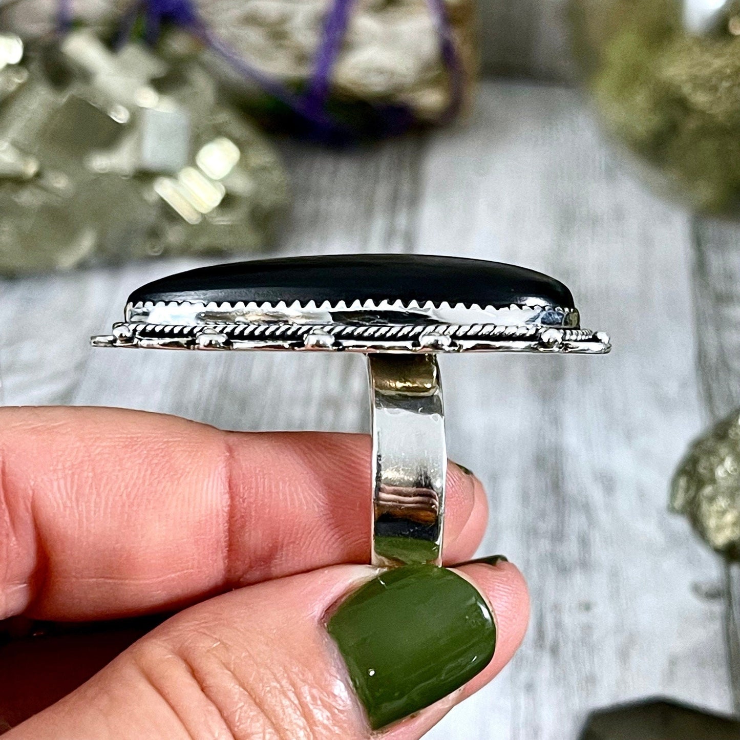 Black Onyx Teardrop Crystal Statement Ring in Sterling Silver- Designed by FOXLARK Collection Adjusts to size 6,7,8,9, or 10.