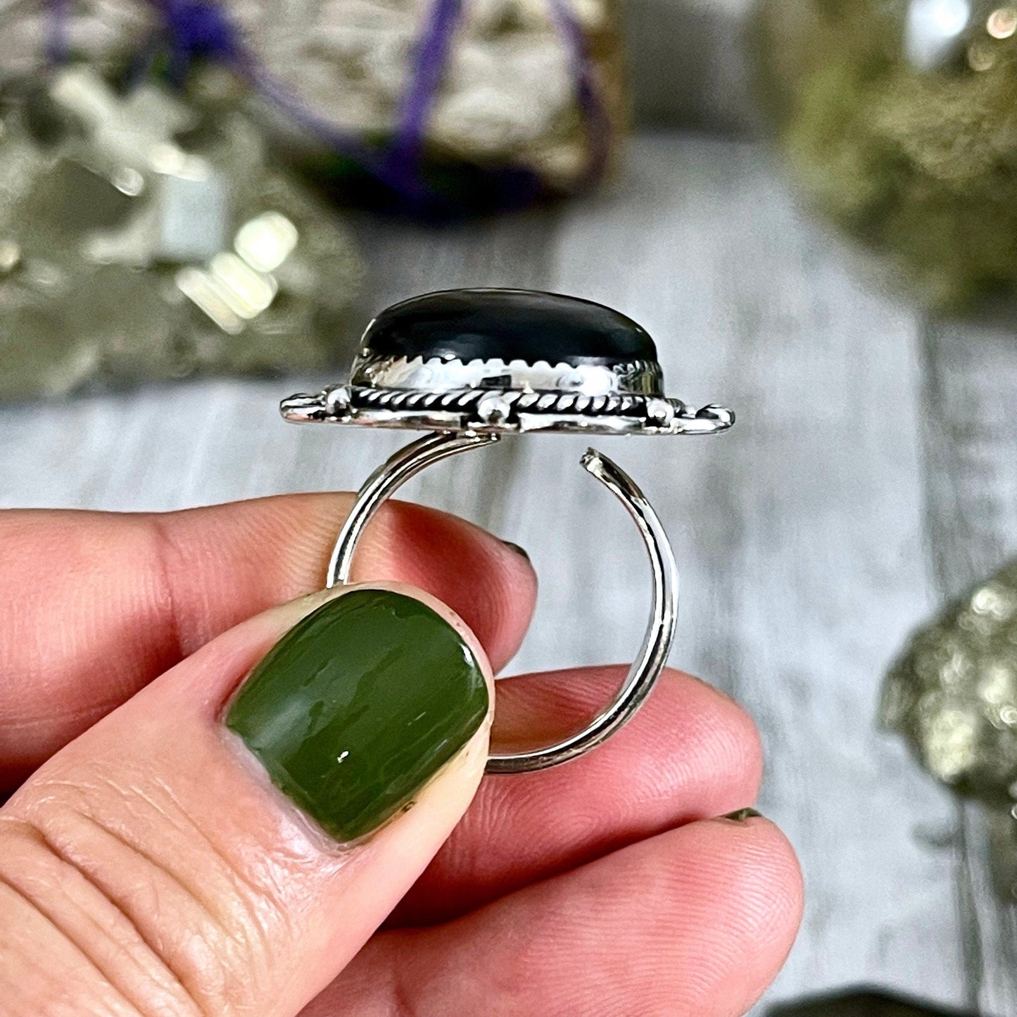 Black Onyx Teardrop Crystal Statement Ring in Sterling Silver- Designed by FOXLARK Collection Adjusts to size 6,7,8,9, or 10.