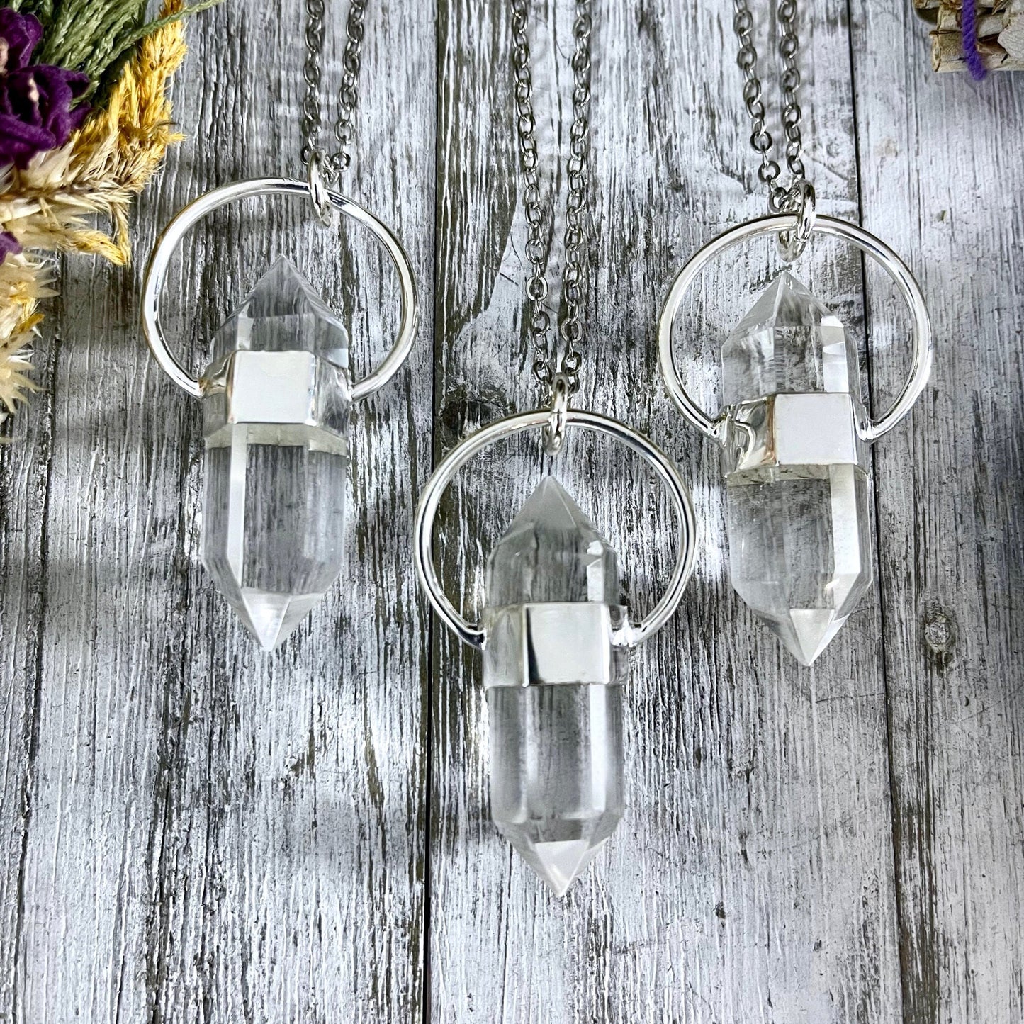 Clear Quartz Crystal Point Necklace in Sterling Silver -Designed by FOXLARK Collection.