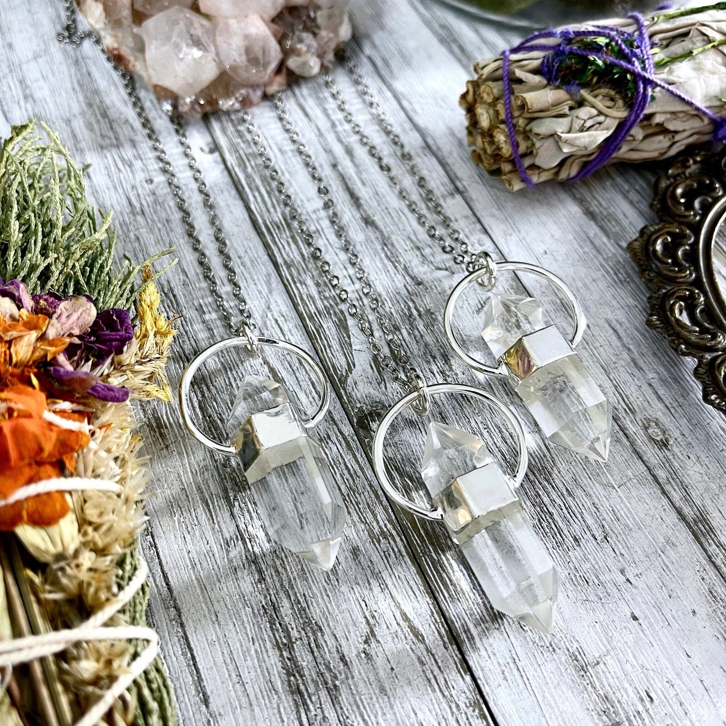 Clear Quartz Crystal Point Necklace in Sterling Silver -Designed by FOXLARK Collection.
