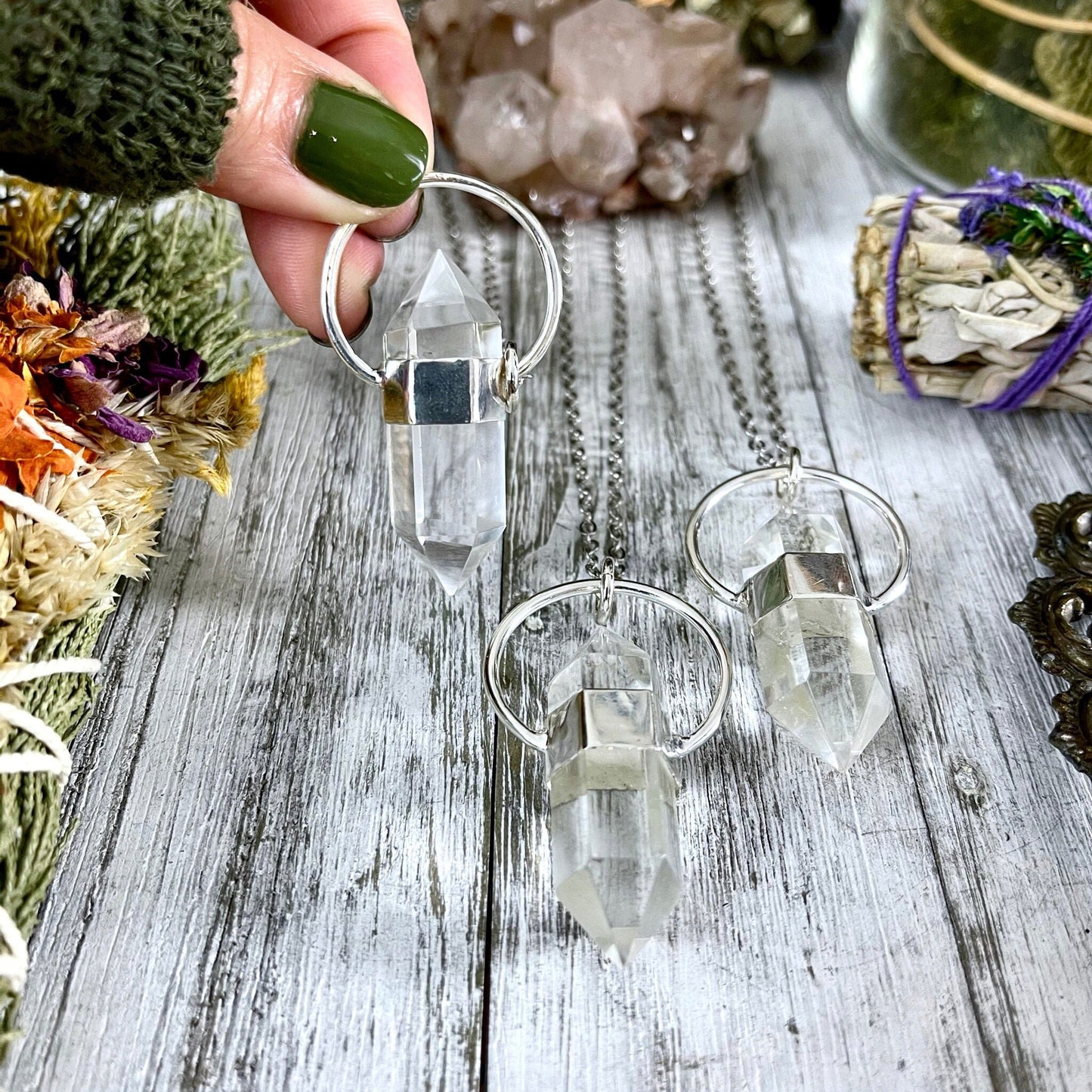 Clear Quartz Crystal Point Necklace in Sterling Silver -Designed by FOXLARK Collection.