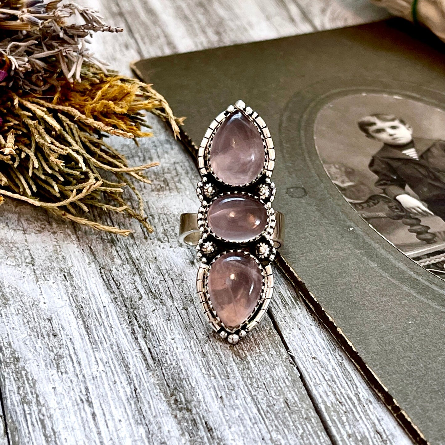 Three Stone Pink Rose Quartz Crystal Ring in Solid Sterling Silver- Designed by FOXLARK Collection Adjustable to Size 6 7 8 9.
