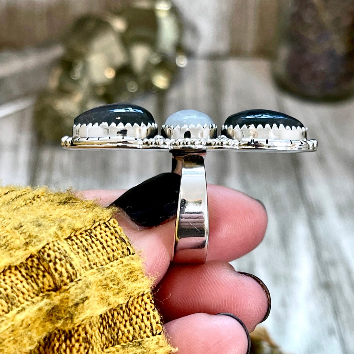 Three Stone Labradorite and Rainbow Moonstone Crystal Ring in Sterling Silver- Designed by FOXLARK Collection Adjustable to Size 6 7 8 9.