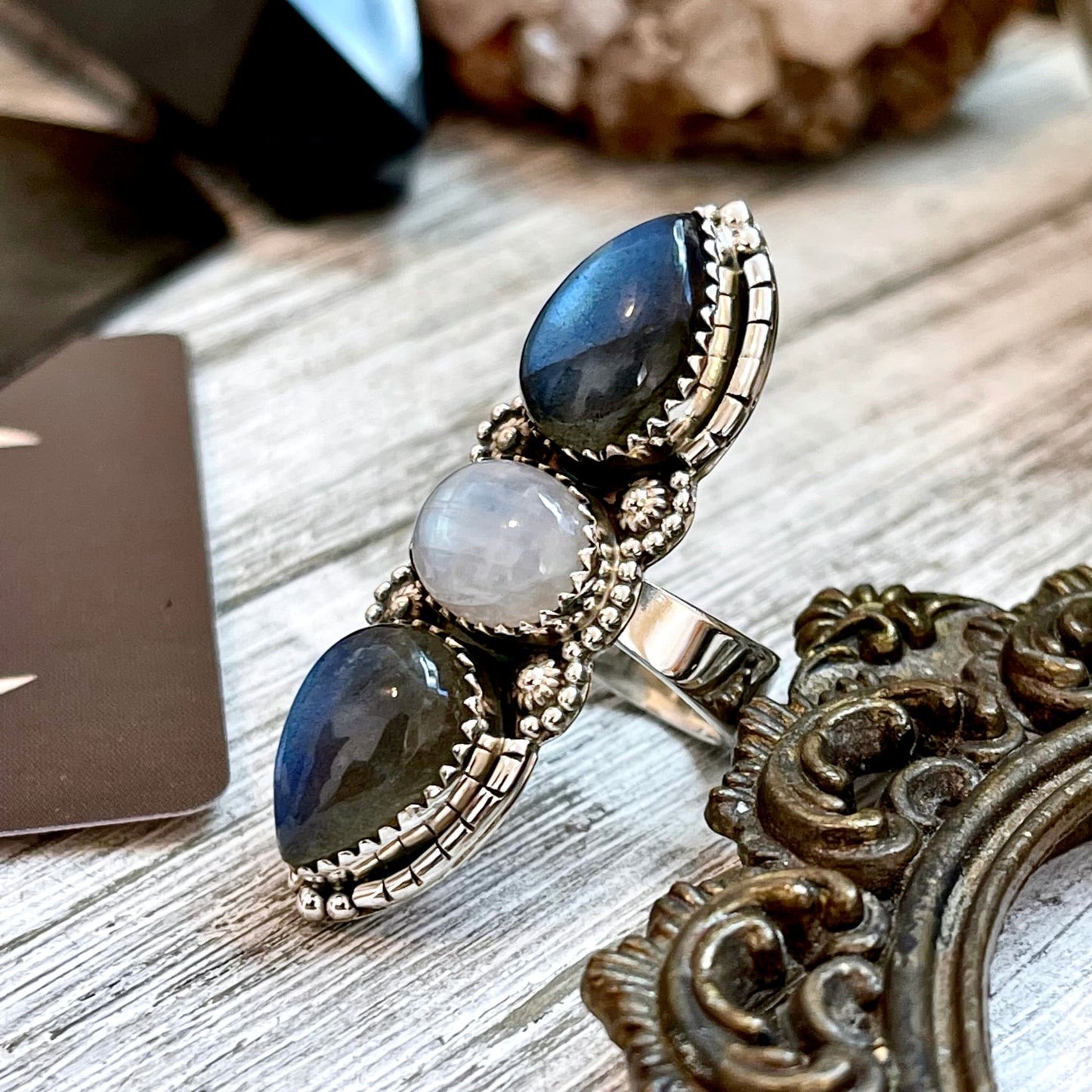 Three Stone Labradorite and Rainbow Moonstone Crystal Ring in Sterling Silver- Designed by FOXLARK Collection Adjustable to Size 6 7 8 9.