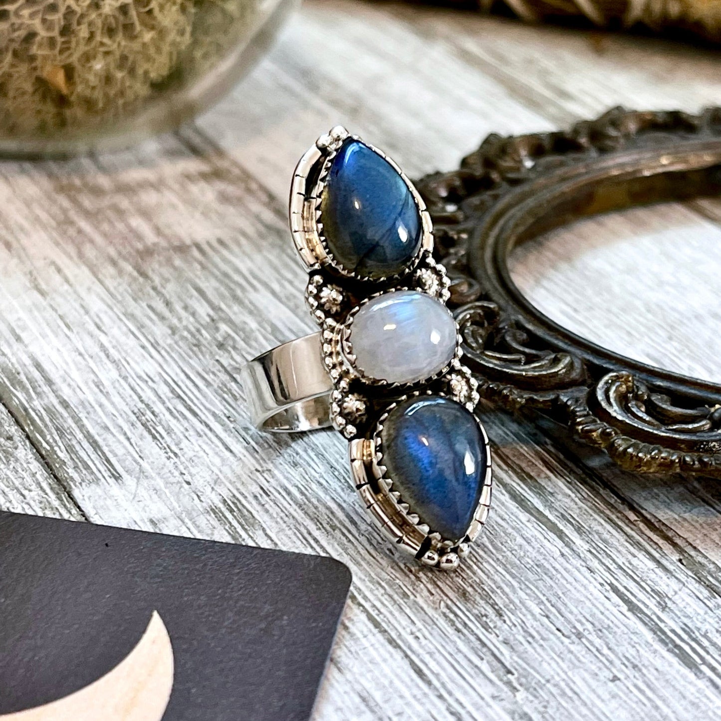 Three Stone Labradorite and Rainbow Moonstone Crystal Ring in Sterling Silver- Designed by FOXLARK Collection Adjustable to Size 6 7 8 9.