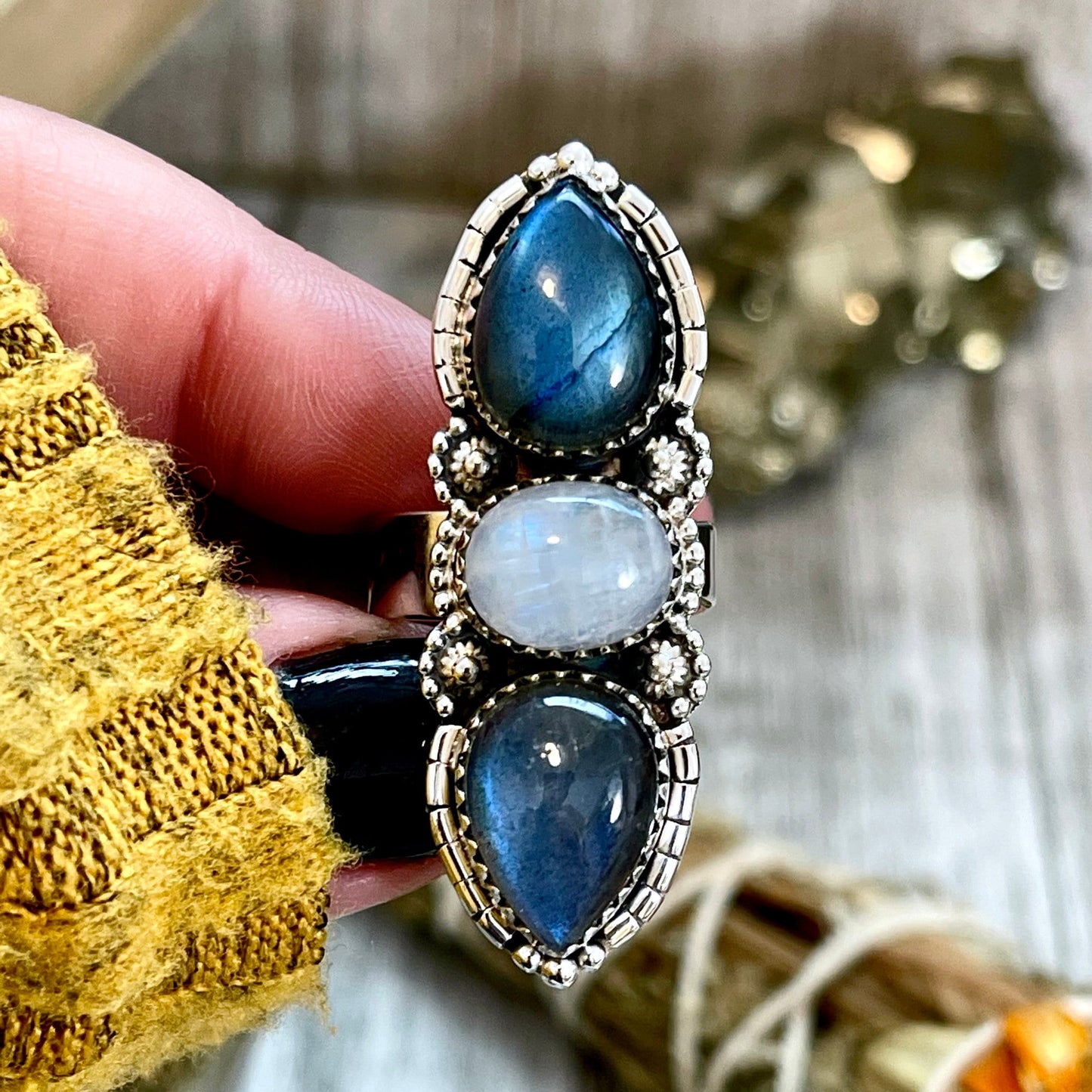 Three Stone Labradorite and Rainbow Moonstone Crystal Ring in Sterling Silver- Designed by FOXLARK Collection Adjustable to Size 6 7 8 9.