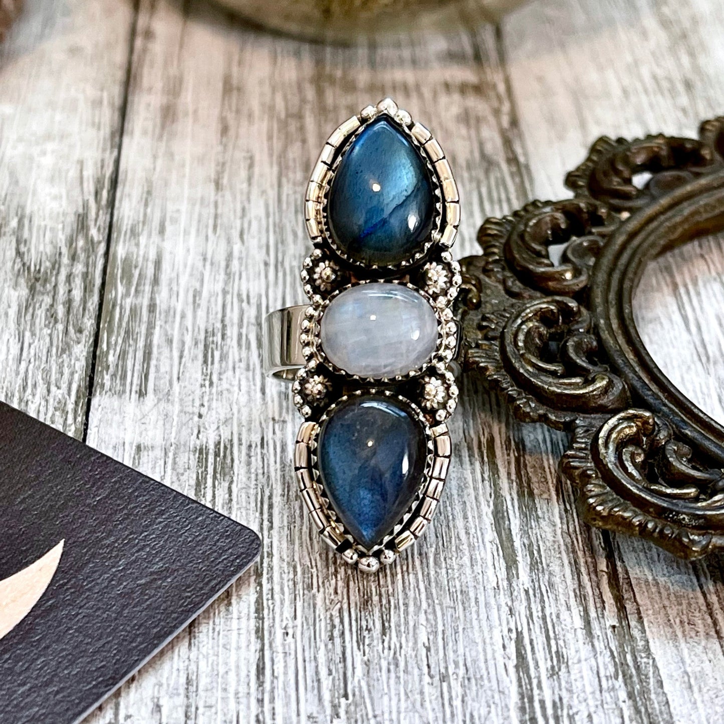 Three Stone Labradorite and Rainbow Moonstone Crystal Ring in Sterling Silver- Designed by FOXLARK Collection Adjustable to Size 6 7 8 9.