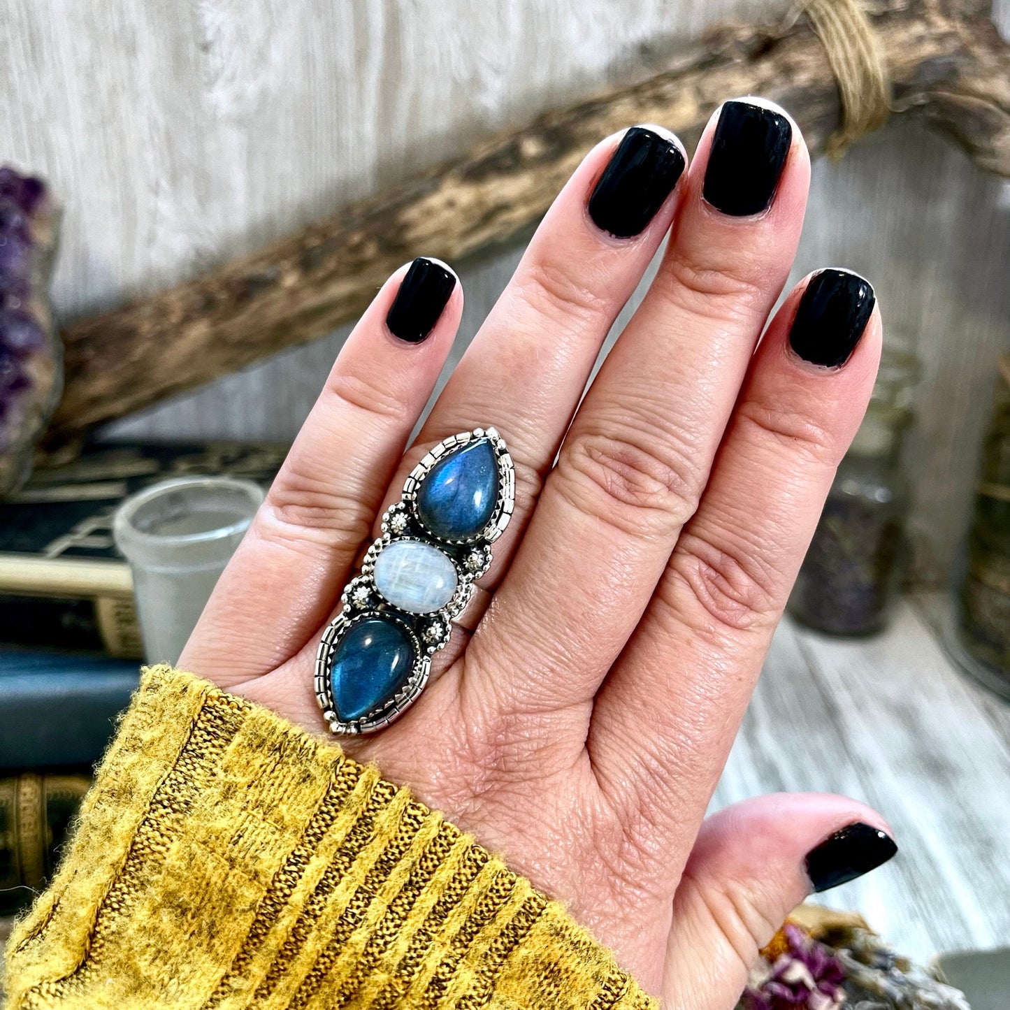 Three Stone Labradorite and Rainbow Moonstone Crystal Ring in Sterling Silver- Designed by FOXLARK Collection Adjustable to Size 6 7 8 9.