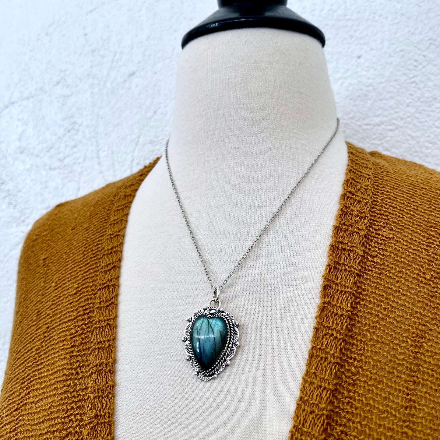 Blue Labradorite Crystal Heart Necklace in Sterling Silver -Designed by FOXLARK Collection.