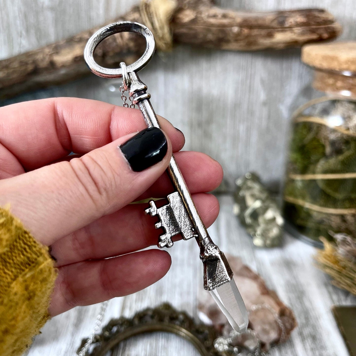 Raw Clear Quartz Crystal Vintage Skeleton Key Necklace Pendant in Fine Silver / Foxlark Collection - One of a Kind.