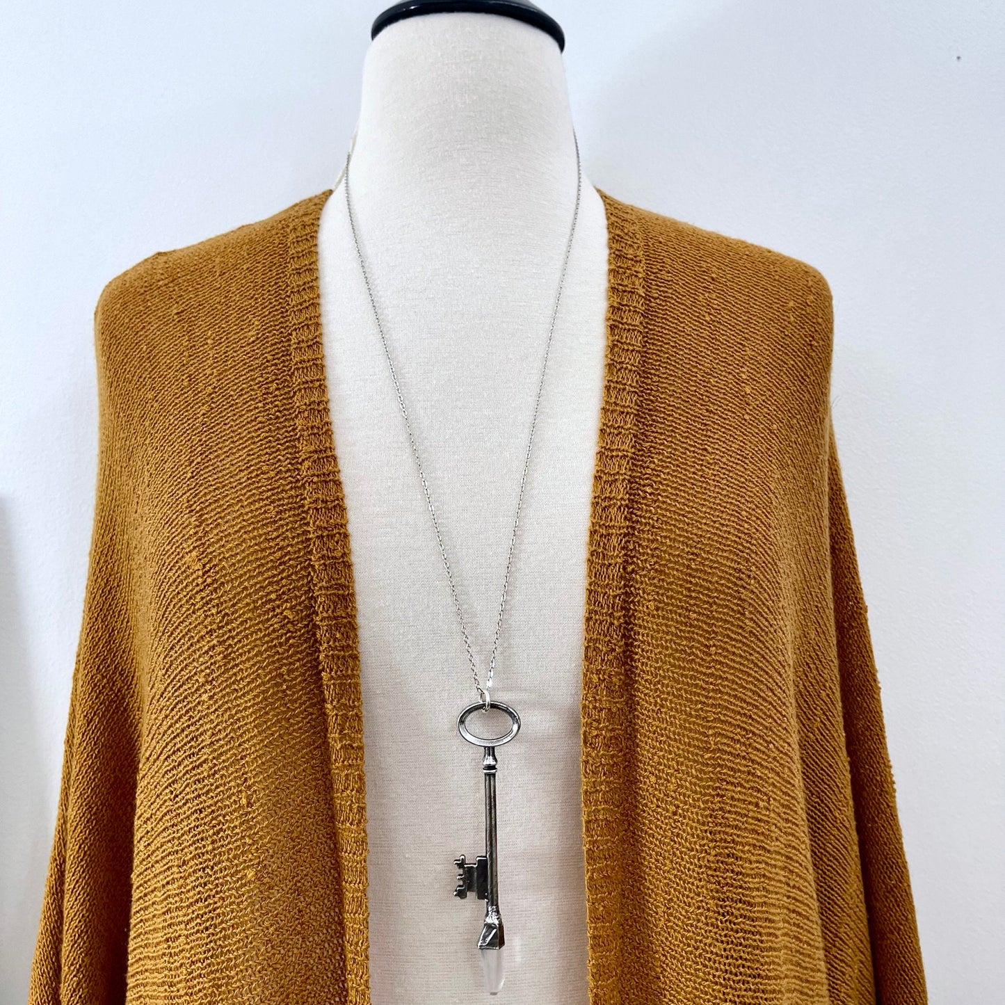 Raw Clear Quartz Crystal Vintage Skeleton Key Necklace Pendant in Fine Silver / Foxlark Collection - One of a Kind.