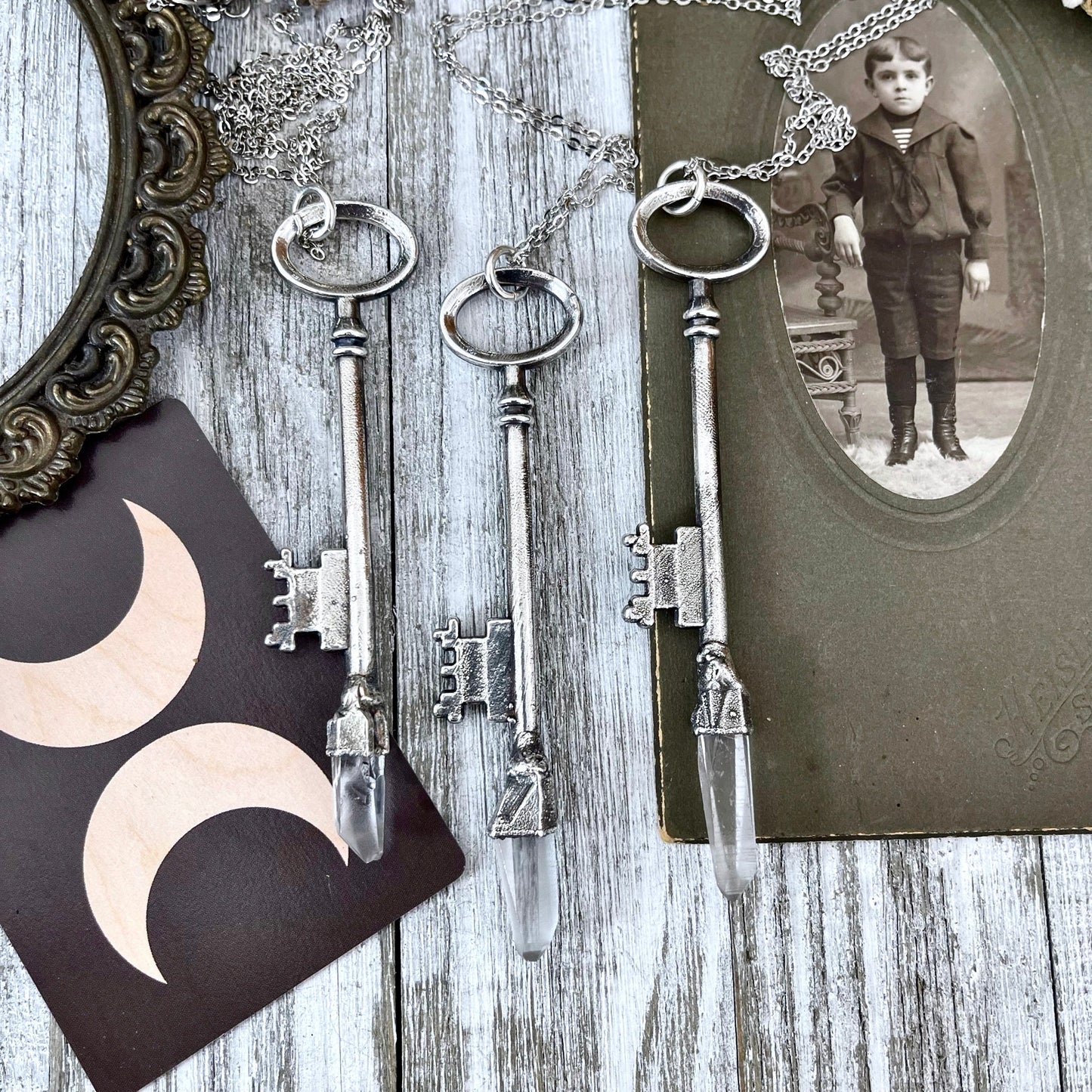 Raw Clear Quartz Crystal Vintage Skeleton Key Necklace Pendant in Fine Silver / Foxlark Collection - One of a Kind.