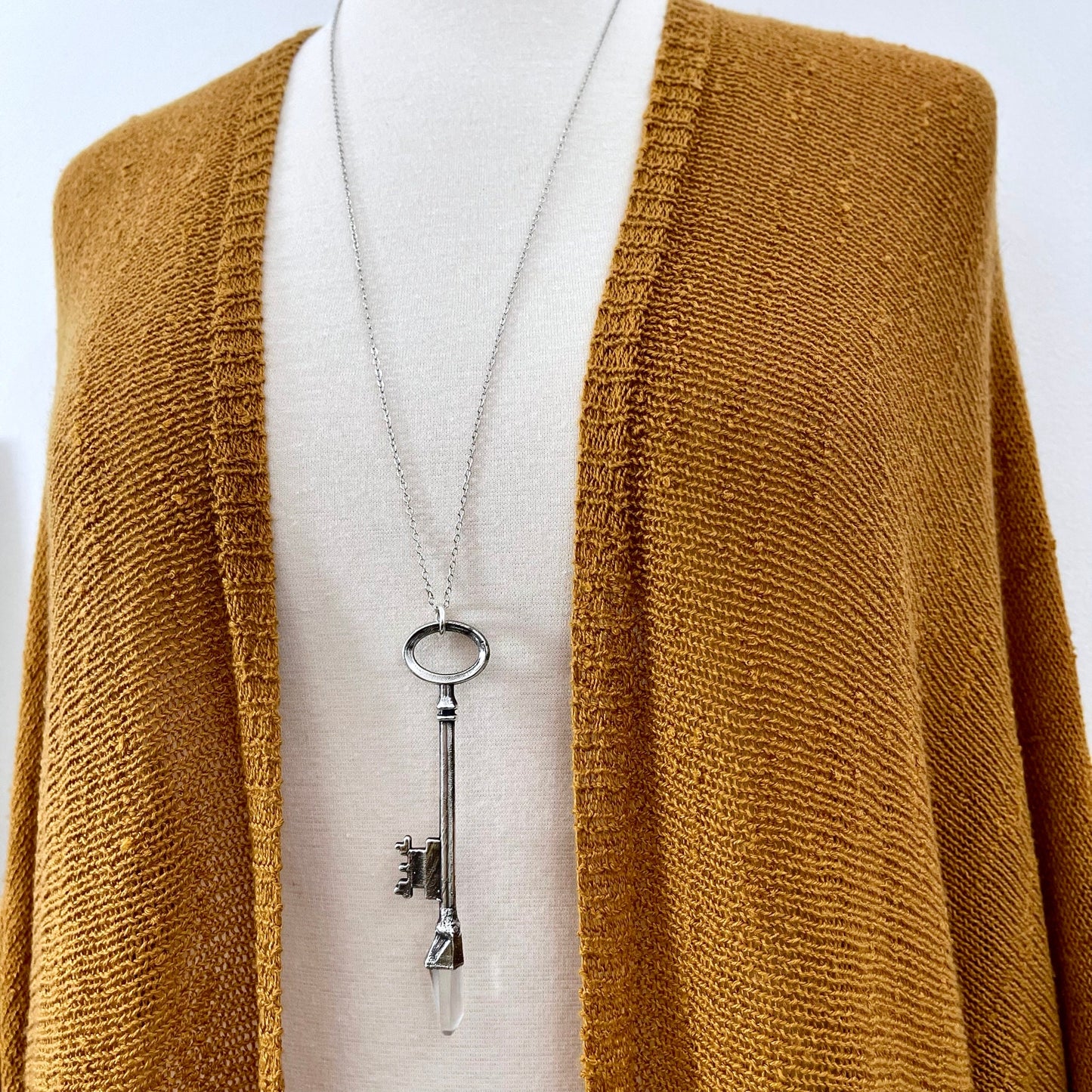 Raw Clear Quartz Crystal Vintage Skeleton Key Necklace Pendant in Fine Silver / Foxlark Collection - One of a Kind.