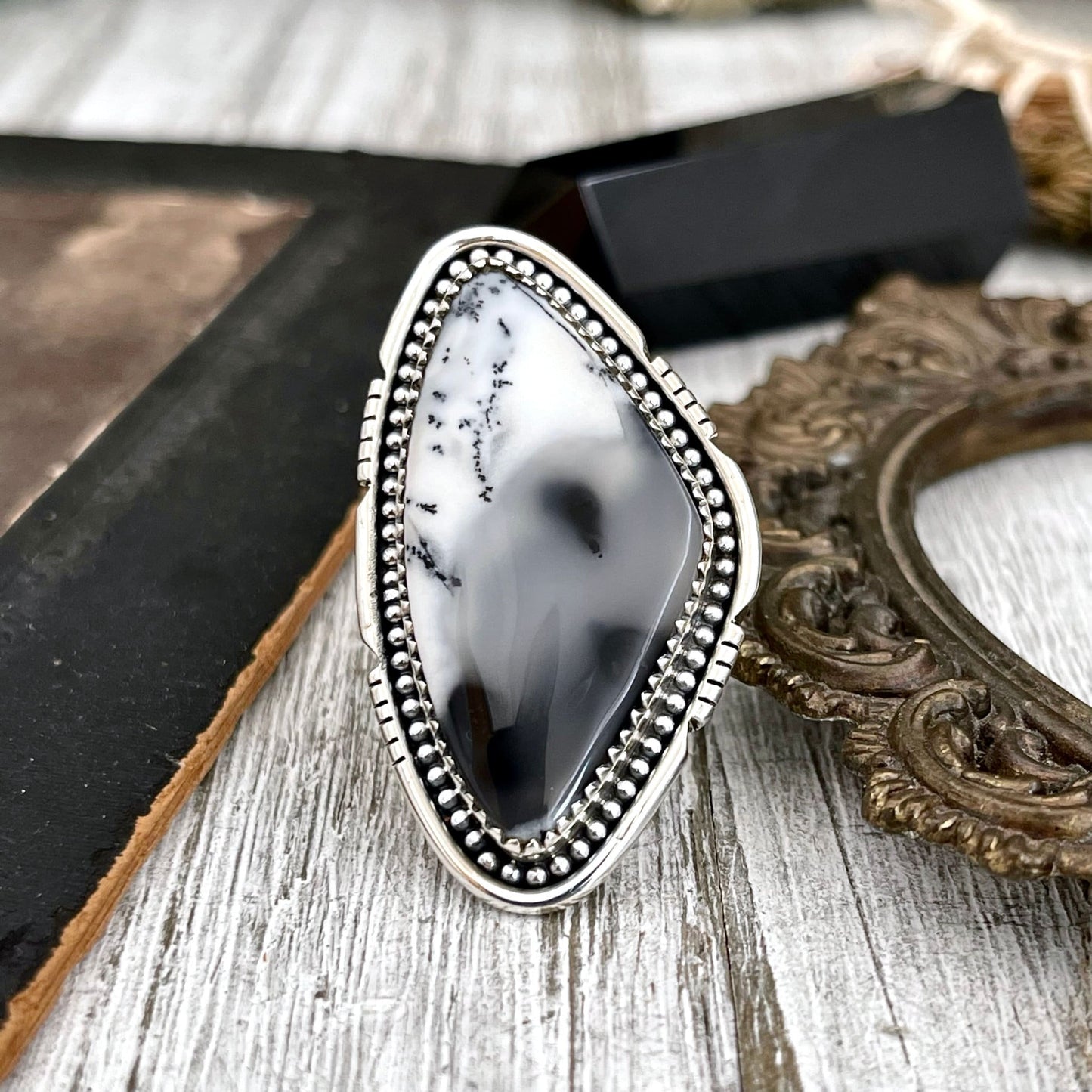 Big Dendritic Agate Crystal Statement Ring in Sterling Silver - Designed by FOXLARK Collection Adjustable to Size 6 7 8 9 | White Stone.