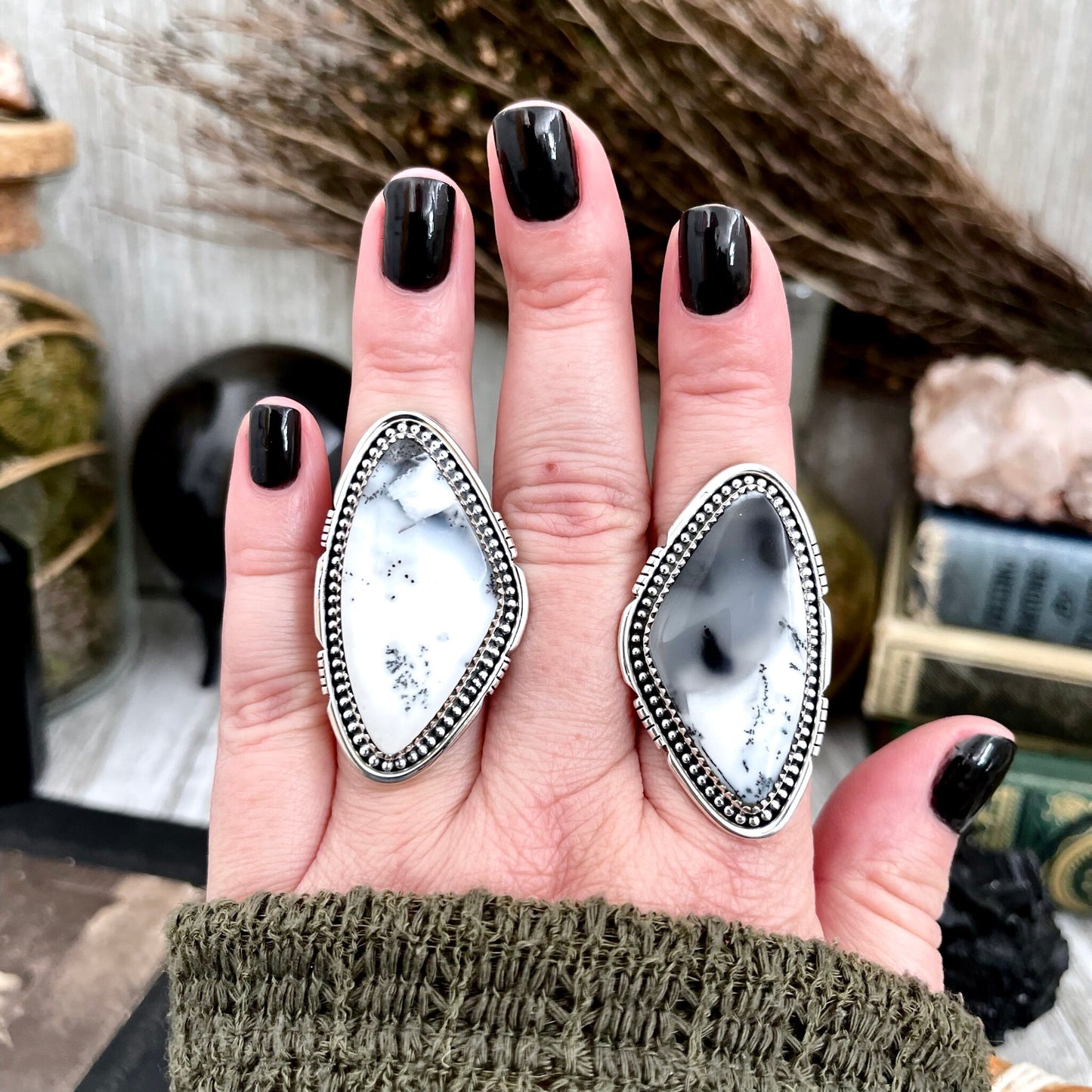 Big Dendritic Agate Crystal Statement Ring in Sterling Silver - Designed by FOXLARK Collection Adjustable to Size 6 7 8 9 | White Stone.
