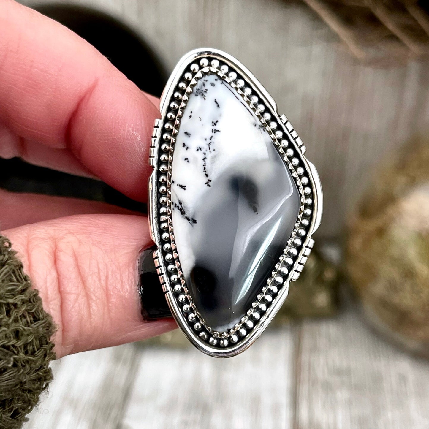 Big Dendritic Agate Crystal Statement Ring in Sterling Silver - Designed by FOXLARK Collection Adjustable to Size 6 7 8 9 | White Stone.