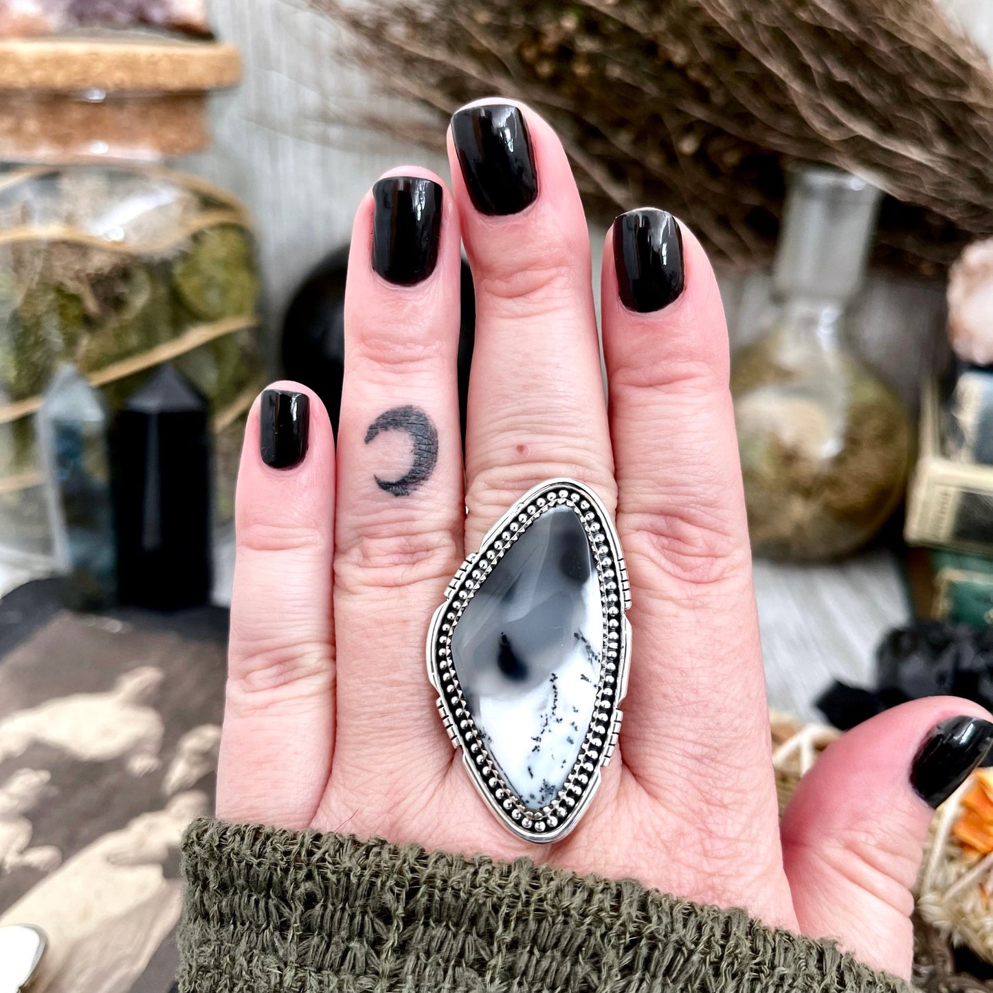 Big Dendritic Agate Crystal Statement Ring in Sterling Silver - Designed by FOXLARK Collection Adjustable to Size 6 7 8 9 | White Stone.
