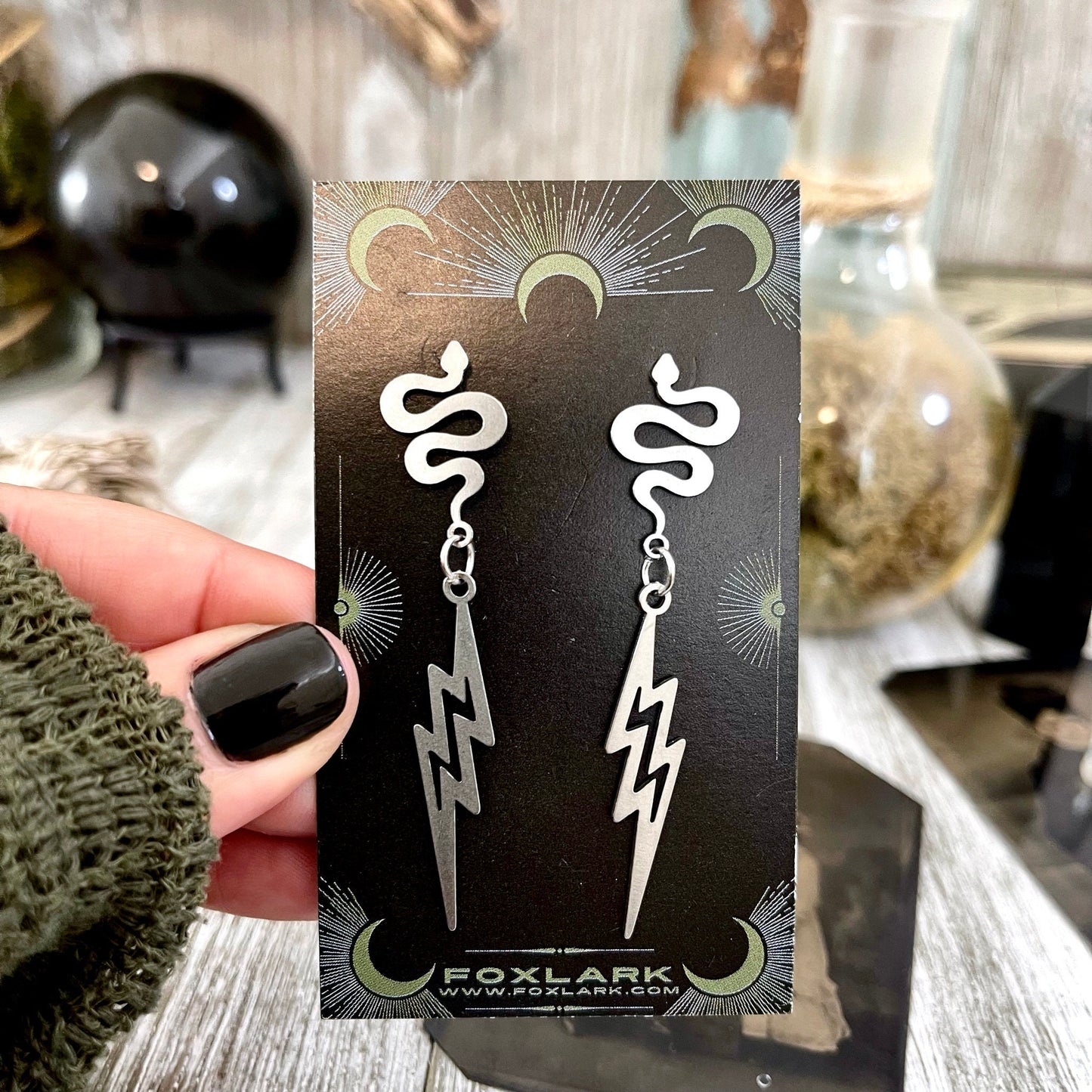 Snake and Lightning Bolt Stainless Steel Earrings / Snake Earrings - Long Dangly Geometric Earrings.